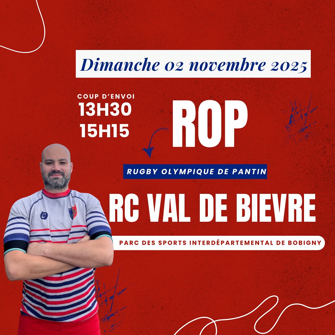 🔥 Match à domicile 🔥
Ce dimanche 2 novembre, nos seniors jouent à domicile 💙❤️
👉 Face au RC val de bievre au Parc des Sports Interdépartemental, Bobigny !
📅 Programme :
• Équipe Réserve : 13h30
• Équipe Première : 15h15
On compte sur vous pour venir nombreux et donner de la voix 🎶💪
#rugbypourtous #touspourpantin