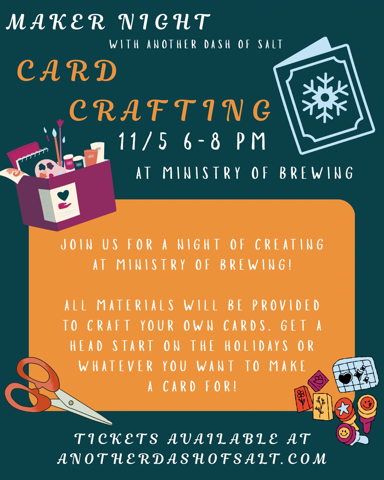 Wednesday! Join us for a night of crafting cards @ministryofbrewing from 6-8 pm! Tickets available at the link in my bio✨