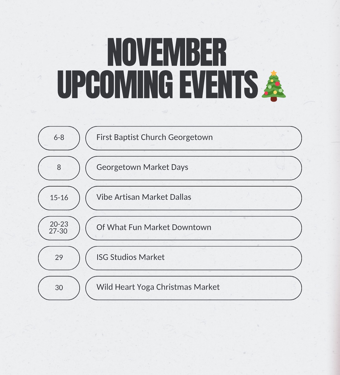 I’m all ready and so excited for the holiday season! 😍🎄
Can’t wait to share my handmade textiles with you at the upcoming Texas markets.
Hope to see you there ❤️
Check out my November market schedule below!
Nov 6–8 — First Baptist Church Georgetown @fbc.christmas
⏰ 9am – 7pm (Nov 8 9am-3pm)
📍 133 West University Avenue, Georgetown, TX 78628
Nov 8 — Georgetown Market Days @dga_gtx
⏰ 9am - 4pm
📍 Historic Georgetown Square, Georgetown, TX
Nov 15–16 — Vibe Artisan Market (Gilley’s Dallas) @vibeartisanmarkets
⏰ 10am – 4pm
📍 1135 Botham Jean Blvd, Dallas, TX
Nov 20–23 & 27–30 — Of What Fun Market @ohwhatfunatx
⏰ 11am – 9pm
📍 Republic Square Park, Downtown Austin, TX
Nov 29 — ISG Market @isgstudios
⏰ 12pm - 5pm
📍 1901 South Congress Avenue, Austin, TX
Nov 30 — Wild Heart Yoga Christmas Market @wildheartyoga
⏰ 10am - 4pm
📍 5604 Bee Caves Rd, West Lake Hills, TX
#christmasseason #christmasgiftideas #localbusiness #handwoventextiles