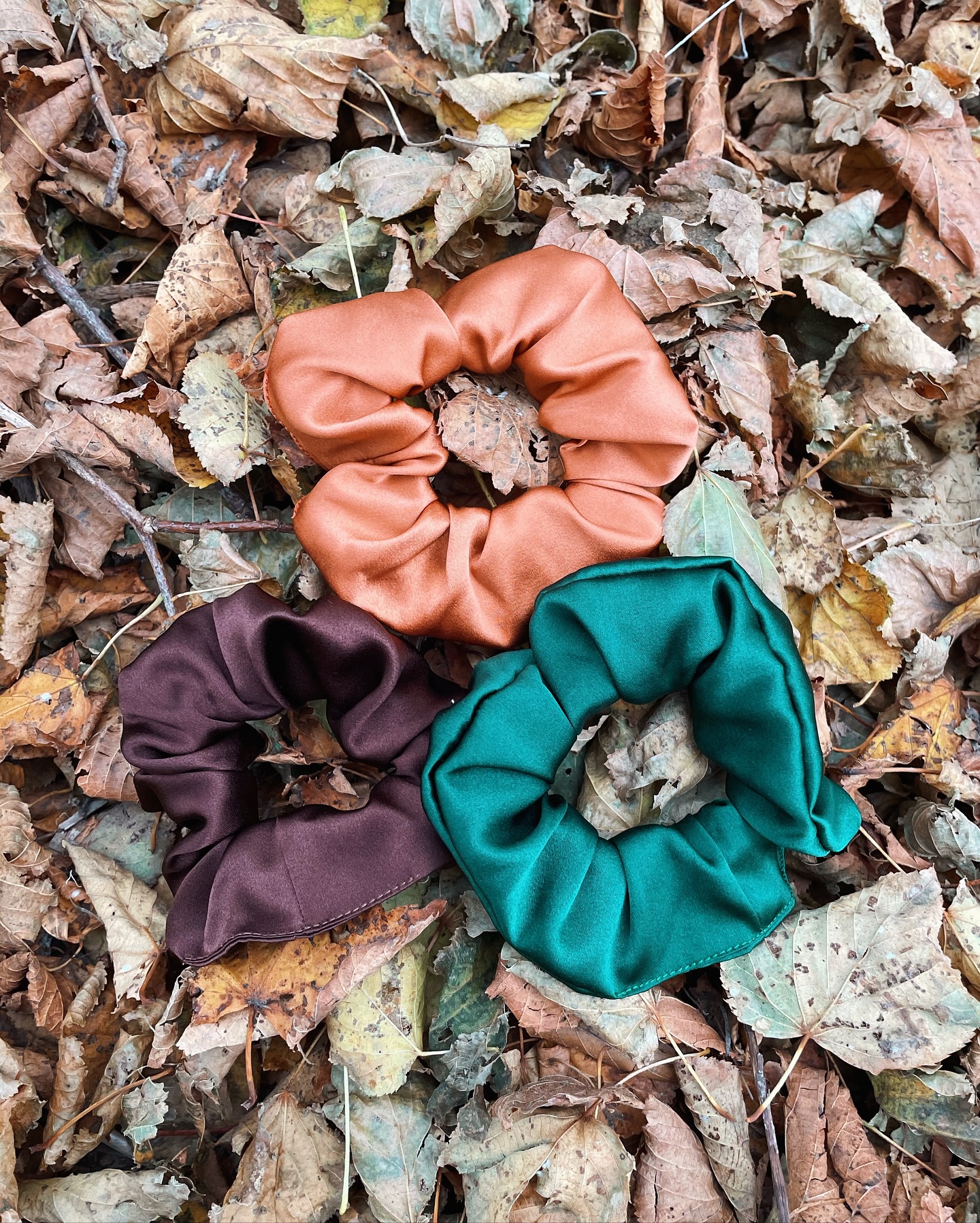 Thereās nothing like a good crunchy leaf and a good scrunchie! Do you go out of your way to step on a leaf that looks particularly good for crunching?
Image description- 1. Three silk scrunchies in copper, deep brown and deep green against a pile of autumn leaves
2. Joās hand, with three silk hair elastics in deep brown, copper and deep green on her wrist, against some ivy