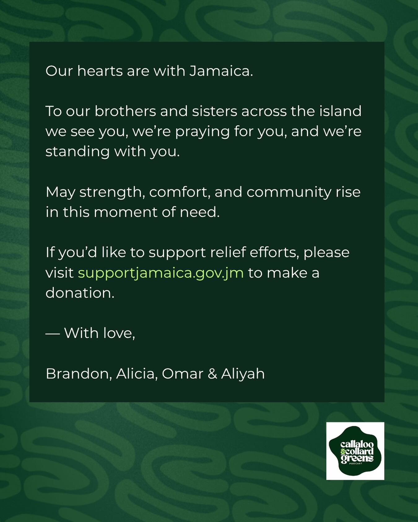 🇯🇲 Our hearts are with Jamaica.
To our brothers and sisters across the island — we see you, we’re praying for you, and we’re standing with you.
May strength, comfort, and community rise in this moment of need. 💚💛🖤
If you’d like to support relief efforts, visit supportjamaica.gov.jm to make a donation.
— With love,
Brandon, Alicia, Omar & Aliyah
@callalooandcollardgreens
#JamaicaStrong #SupportJamaica #CallalooAndCollardGreens #CaribbeanLove #OneLove #reliefefforts #fypagee❤️❤️ #jamaica #melissa