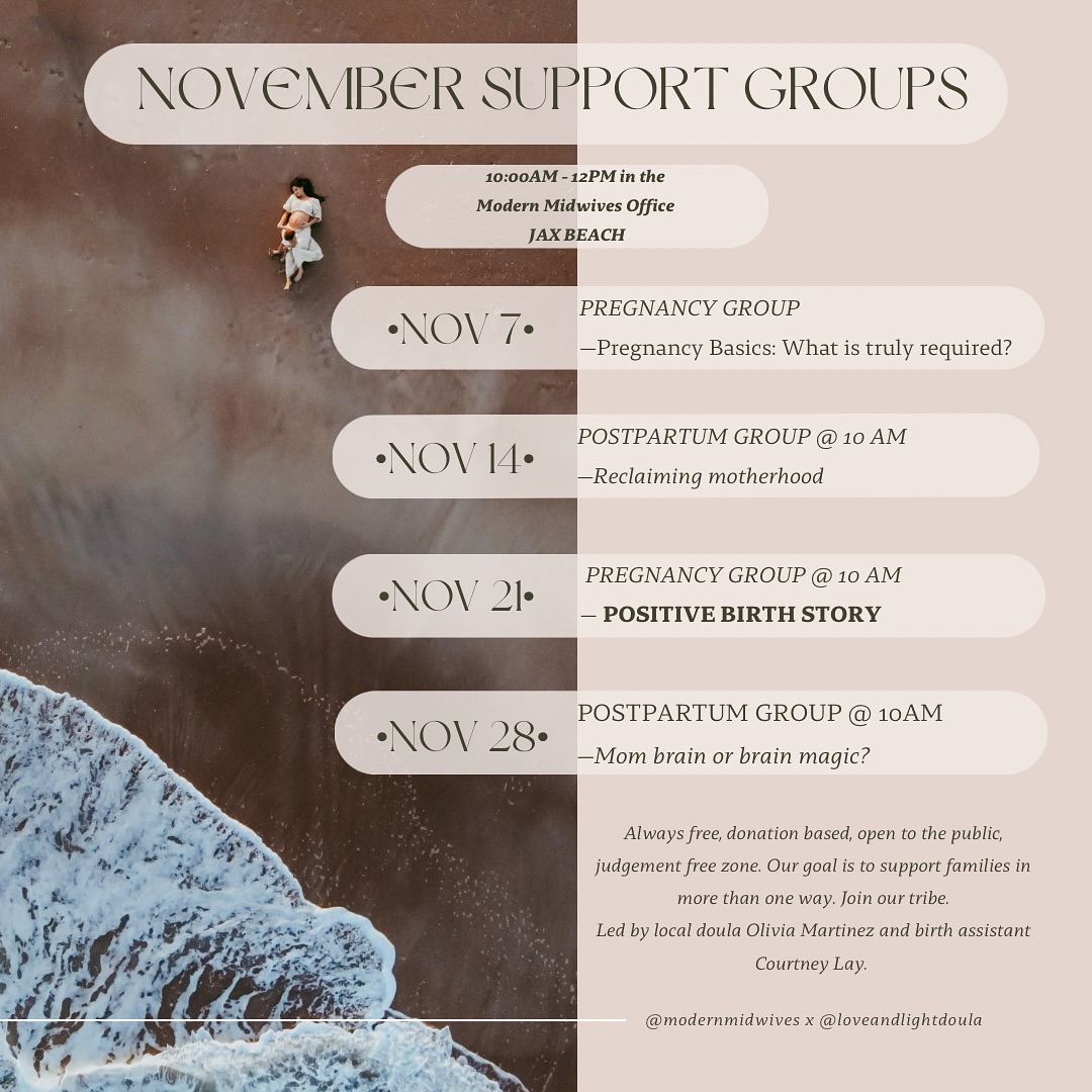 Each month we gather in circle — to share, listen, cry, and celebrate the beauty of birth and motherhood. These groups remind us that we were never meant to do this alone. Bring a friend and help us grow this community of support and sisterhood 🤍✨
🕰️ 10-12
📍@modernmidwivesjax office in Jax beach
🤍 open to all, not just our clients. Whether you’re newly pregnant or a seasoned pregnant mama, or freshly postpartum or seasoned in motherhood, all walks of life are welcome ✨