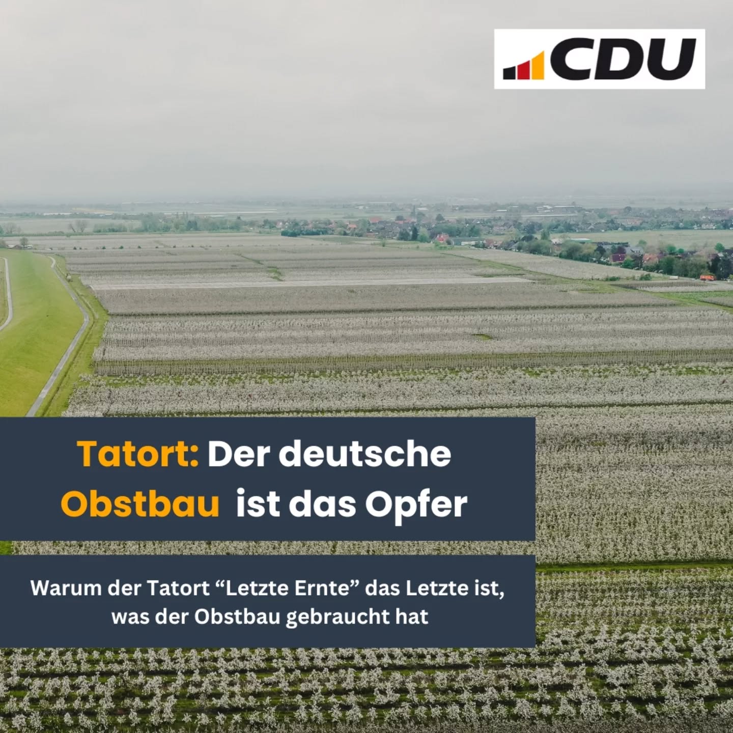 Die Folge des Tatorts “Letzte Ernte” stellt ein stark verzerrtes Bild des deutschen Obstbaus dar.
Auch wenn alltägliche Herausforderungen im Obstbau thematisiert werden wie wirtschaftlicher Druck, Mangel an Saisonarbeitskräften und die ungewisse Zukunft zeigt der ÖRR leider keine neutrale Handlung.
Vielmehr wird sich einer bewussten Zuspitzung bedient, die zulasten der Obstbauern geht. Beispielsweise wird pauschal die Anwendung von Pflanzenschutzmitteln verurteilt und filmografisch mit kriminellem Handeln gleichgesetzt.
Als CDU stehen wir an der Seite des Obstbaus! Er ist nicht nur zum Erhalt der Versorgungssicherheit unerlässlich, sondern pflegt auch die einzigartige Kulturlandschaft in Jork, die diesen Ort so lebenswert macht.
Wir setzen als CDU mit zahlreichen Gesetzen unsere Unterstützung der Landwirtschaft praktisch um, beispielsweise durch die Befreiung von der Pflicht der Erstellung einer Stoffstrombilanz.
#tatort #obstbau #jork #letzteernte