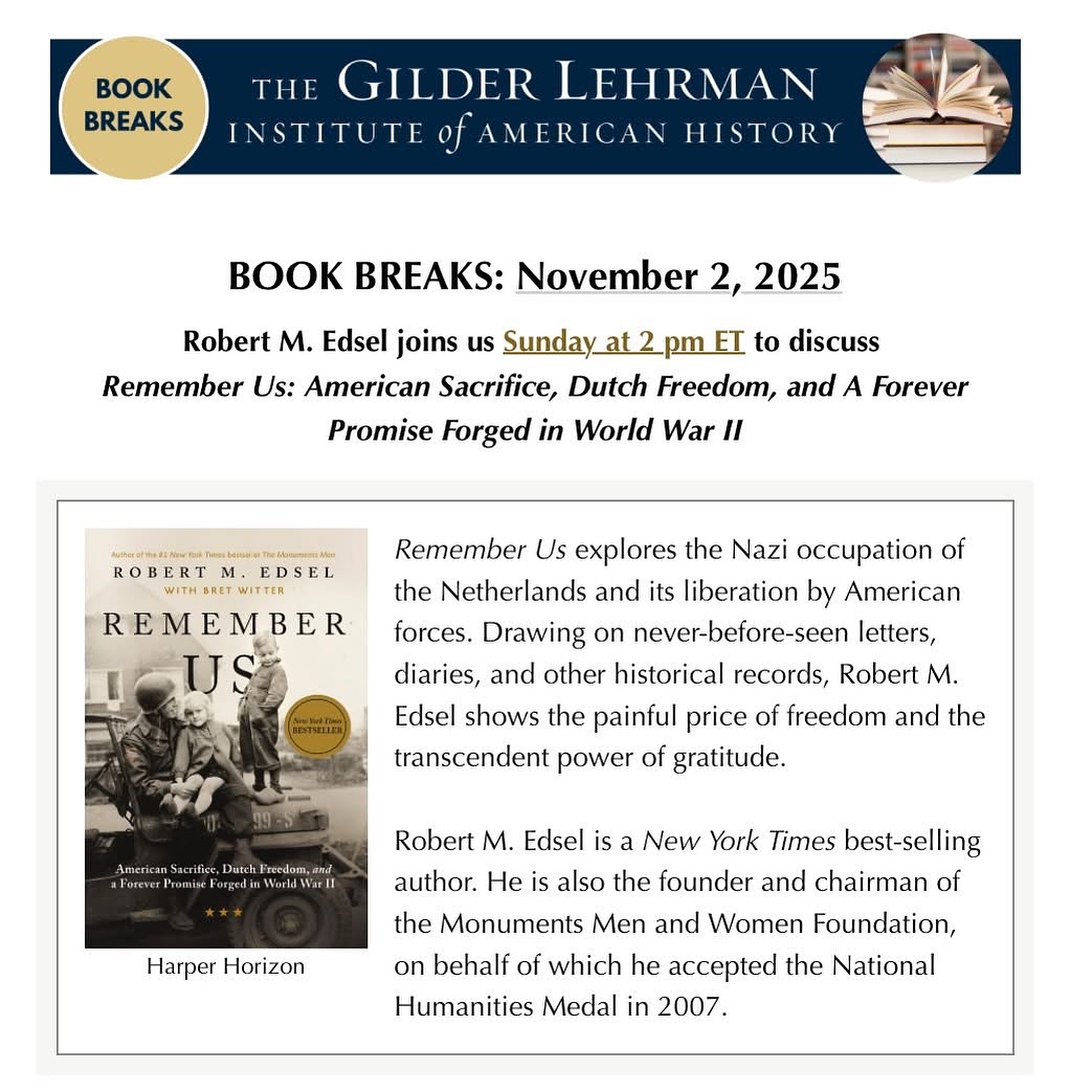 📚 Join Me This Sunday on Book Breaks!
This Sunday at 2 p.m. ET, I’ll be joining The Gilder Lehrman Institute of American History (@gilderlehrman) #BookBreaks to talk about my new book, REMEMBER US.
🎓 Students—want to be part of the program?
Middle and high school students are encouraged to submit a question for me ahead of time! If your question is chosen, it will be announced live during the event, and you and your parent or teacher will each receive a $50 gift certificate to the Gilder Lehrman Gift Shop.
🗓️ When: Sunday, 2:00 p.m. ET
📍 Where: Online via Zoom (free registration)
🔗 Register & Submit Questions Here: https://www.gilderlehrman.org/book-breaks