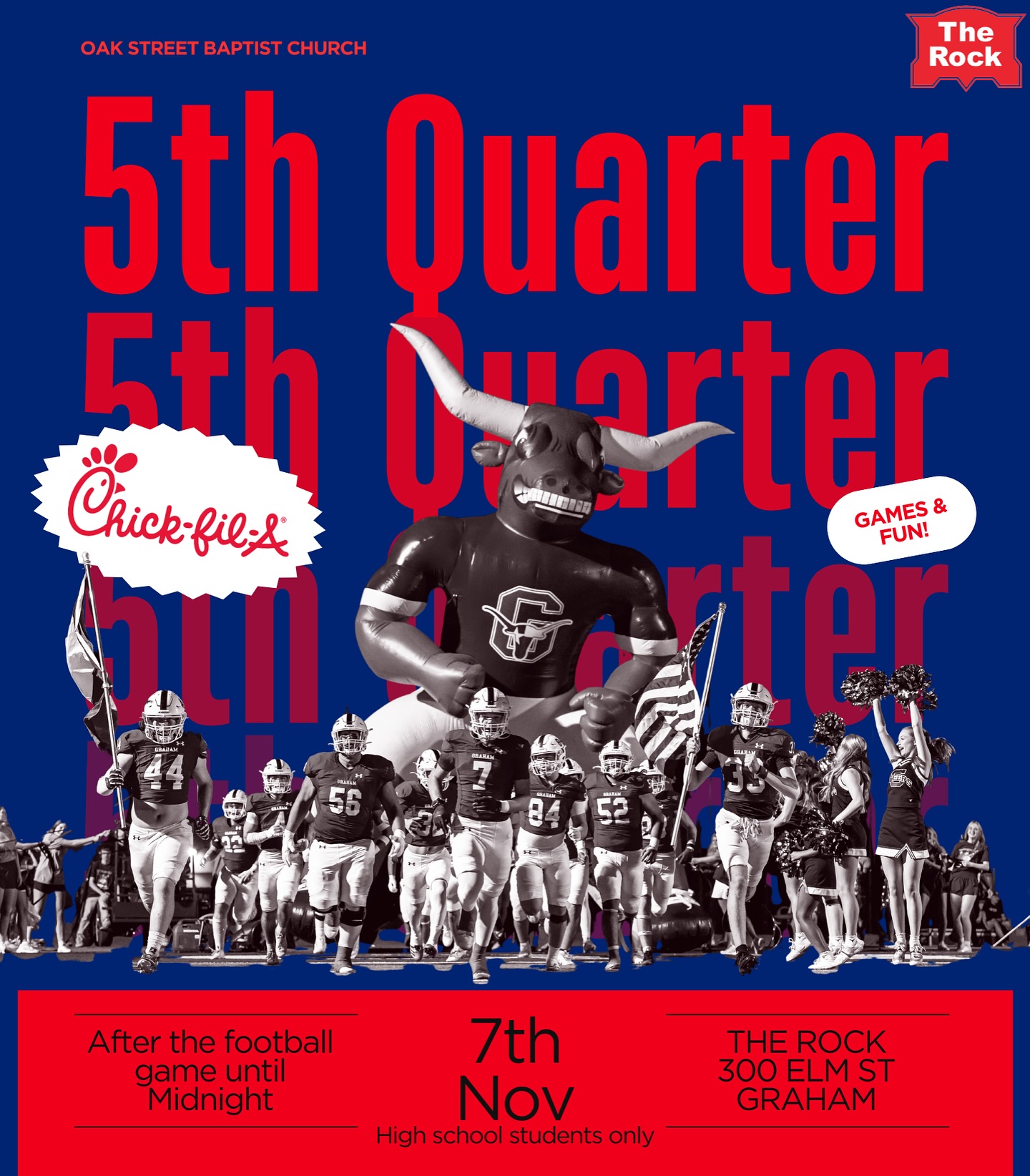 Senior night and Final 5th Quarter of 2025 this Friday! We are so excited!! @oakstreetbaptistchurch and @oakstreetstudents is bringing in Chick-fil-A, we are going out with a bang!
Let us know if you will be there!! We want to have plenty of food!
