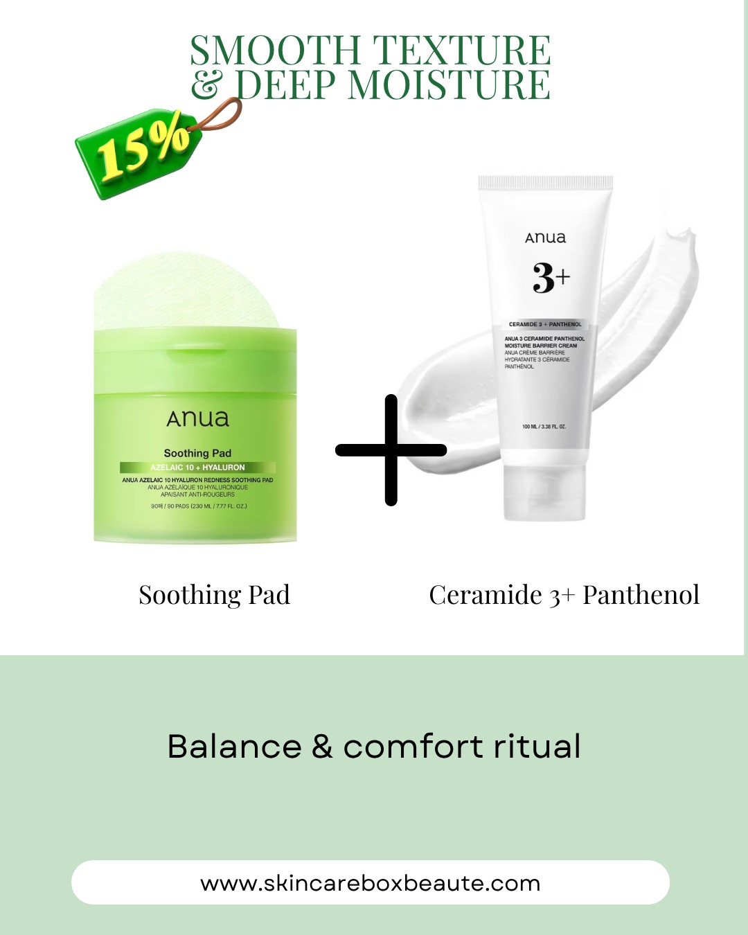 🌿 ANUA RITUALS — your personal skincare balance
We’ve gathered four ANUA combinations designed to layer together for maximum results.
Each duo creates its own ritual — balance, glow, clarity, or renewal.
✨ Smooth Texture & Deep Moisture
Azelaic Acid 10 + Hyaluron Soothing Pad — €27.49 €23.37
Ceramide 3 + Panthenol Cream — €25.05 €21.30
→ Smooth, hydrated skin and restored barrier.
🌸 Glow & Even Tone
Azelaic Acid 10 + Hyaluron Serum — €27.53 €23.41
Niacinamide 10% + TXA 4% Serum — €27.40 €23.29
→ Brighter complexion, even tone, and clear texture.
🍃 Pure Pores & Calm Skin
Azelaic 10+ Hyaluron Serum — €27.53 €23.41
Heartleaf Quercetinol Foam Cleanser — €16.39 €13.94
→ Clean pores, less redness, and balanced skin.
💧 Elasticity & Nourishment
PDRN Hyaluronic Acid Capsule 100 Serum — €34.17 €29.05
Rice 7+ Ceramide Hydrating Serum — €21.34 €18.14
→ Firmer, nourished, and comfortable skin.
🛍 All products available at www.skincareboxbeaute.com
🎁 ANUA SKIN BOX — the ritual in a box
Discover a curated set of the best ANUA products for balance, hydration, glow, and elasticity.
💚 Order your ANUA SKIN BOX now and get 20% off the entire set.
Pre-order available — comment SKIN BOX or shop online.
#Anua #AnuaSkincare #AnuaRitual #SkinCareBoxBeaute #Kbeauty #Jbeauty #KbeautyEurope #CleanBeauty #GlowingSkin #SkincareRoutine #AntiAging #Hydration #Niacinamide #Ceramide #AzelaicAcid #RiceCeramide #PDRN #Heartleaf #SkincareBox #BeautyMonaco #AntiAgingSolutions