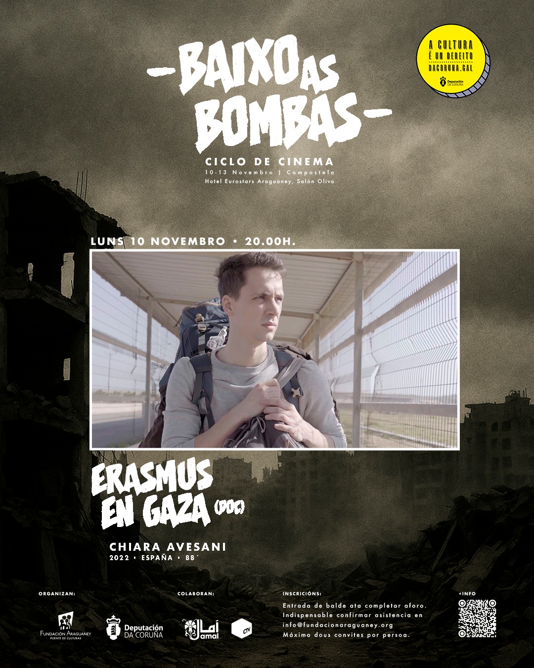 🧳✈️ ERASMUS EN GAZA narra a vida de Riccardo, un estudante de medicina italiano que marcha de Erasmus a Gaza.
👉 Luns 10 de novembro.
🕛 20:00h
🎫 Entrada de balde ata completar aforo.
📥 Indispensable confirmar asistencia no enderezo info@fundacionaraguaney.org
🙏 Organizado pola Fundación Araguaney coa colaboración da @depucoruna e @culturadadeputaciondacoruna
#amal #palestina #gaza #fundaciónaraguaney #pontedeculturas #ucrania #rusia #afganistán #siria #deputaciondacoruña #santiagodecompostela #galicia #cine #cinema #películas #documentales #documentais #film #movie #movies #cinematography #mundoárabe #paisesárabes #arabworld #festivaldecine #musica #music #largometrajes #35mm #audiovisual