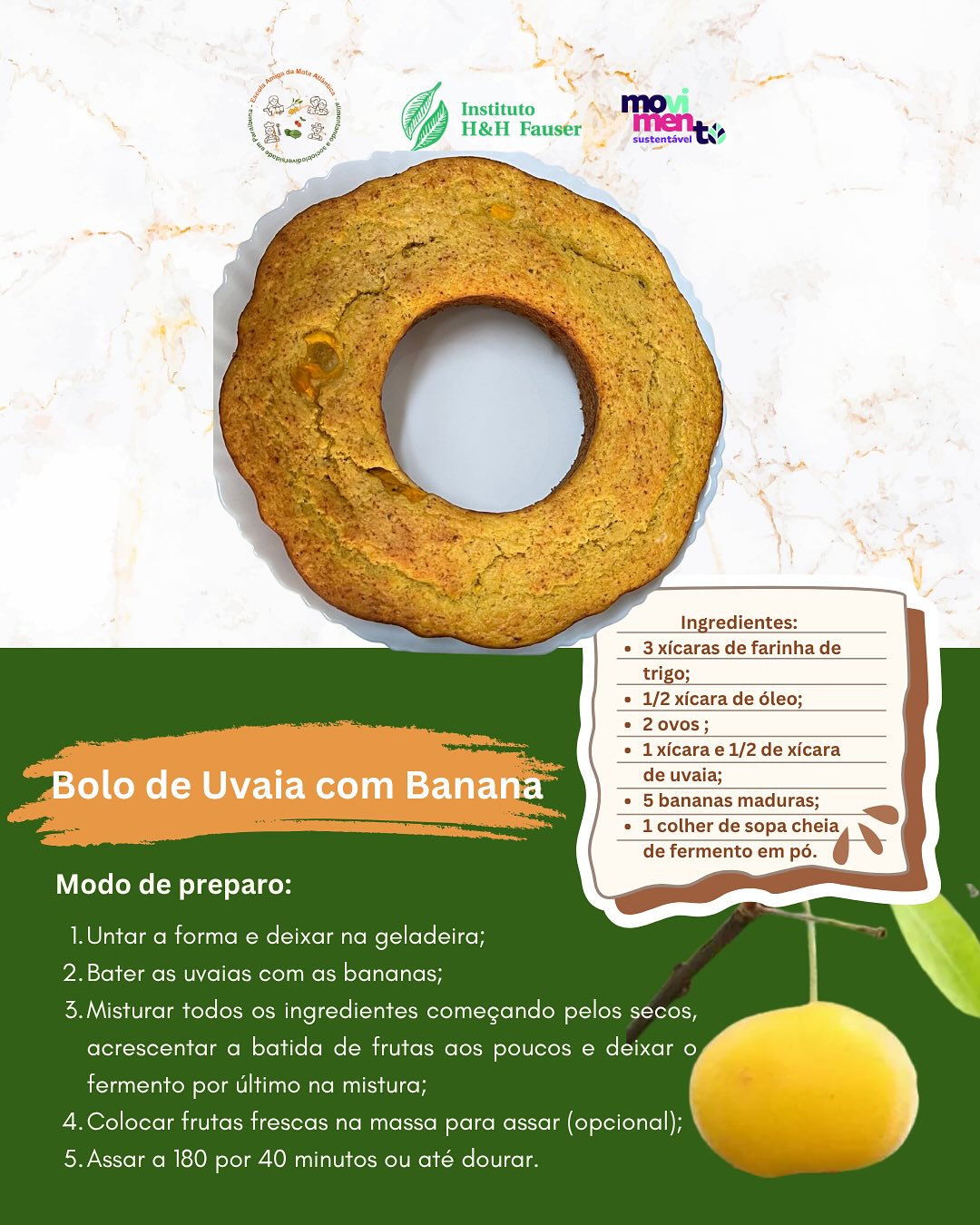 Sabor com identidade local!
Durante a formação com as cozinheiras de Paraibuna, preparamos uma receita fácil, nutritiva e deliciosa de bolo de uvaia com banana, utilizando frutas nativas da Mata Atlântica. 🍌🍇
A uvaia chegou até nós pelas mãos do produtor Carlos (@sitiodobelloparaibuna), que fortalece a cultura alimentar e a sustentabilidade na região. 💚
Realização do @ihhfauser com apoio da Prefeitura de Paraibuna, projeto realizado por meio do #ProgramaMovimentoSustentavel.
#EducaçãoAmbiental #FrutasNativas #MataAtlântica #Sociobiodiversidade #Paraibuna #MeioAmbiente #AlimentaçãoSaudável #Uvaia #Receita #ihhf
