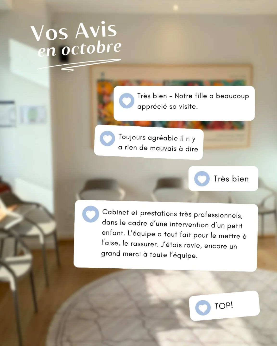 Les retours d'octobre sur Doctena. Des "très bien", des mercis, et surtout : "l'équipe a tout fait pour le rassurer".
C'est exactement ce qu'on vise chaque jour.
Merci de nous faire confiance et de prendre le temps d'écrire ces quelques lignes qui font toute la différence pour nous.
C'est ce qui motive l'équipe au quotidien et nous rappelle pourquoi on fait ce métier.
.
.
.
#RoddeetAssocies #avis #reviews #santédentaire #dentiste #dentist #cabinetdentaire #préventiondentaire #détartrage #soinsdentaires #Luxembourg