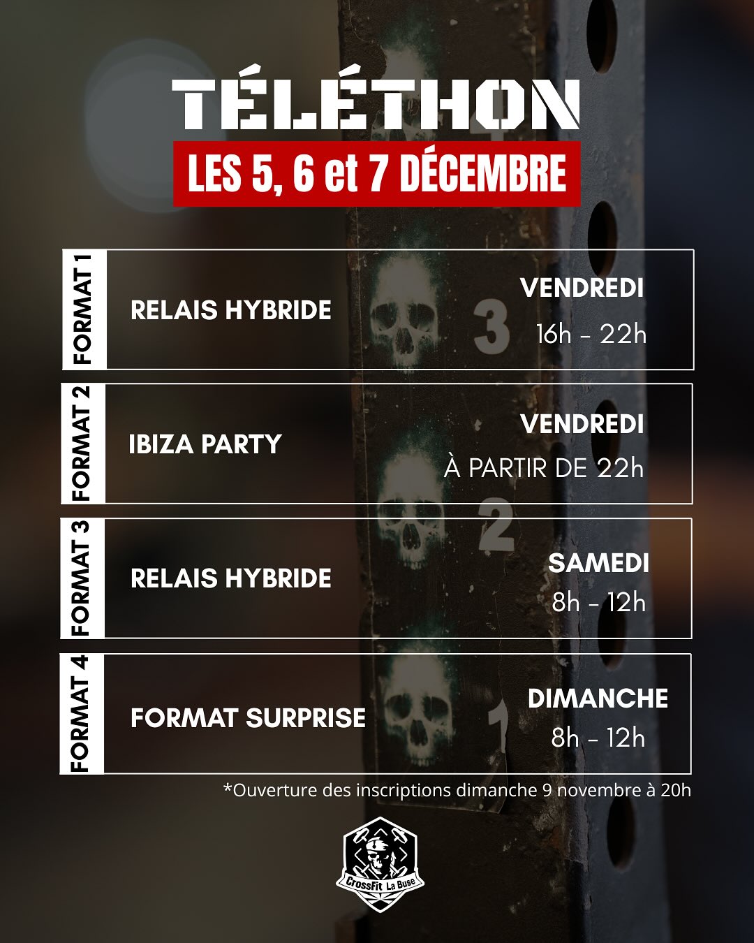 🔥Cette année encore, CrossFit La Buse se mobilise pour le Téléthon !
Le 5, 6 et 7 décembre, on vous attend pour un week-end de 3 jours placé sous le signe du partage, du fun et du dépassement de soi.
Plusieurs challenges vous seront proposés tout au long du week-end :
👉 Vendredi de 16h à 22h : le Relais Hybrid
👉 Vendredi soir dès 22h : format Ibiza Night pour ceux qui aiment la fête🌙
👉 Samedi matin de 8h à 12h, retour du relais Hybrid
👉 Dimanche matin, un format surprise pour clôturer en beauté 👀
Restez à l’affût… on vous dévoile chacun des formats tout au long de la semaine
INSCRIVEZ-VOUS AVEC LE LIEN EN BIO ⬆️
🎟️ Tarif : 19 €/personne + 3€ frais de plateforme - une partie sera reversée au Téléthon, votre participation inclut donc directement votre don ❤️
Faisons de ce Téléthon un beau moment de partage et d’énergie 💛🖤
#crossfitreunion #crossfit974 #telethon
