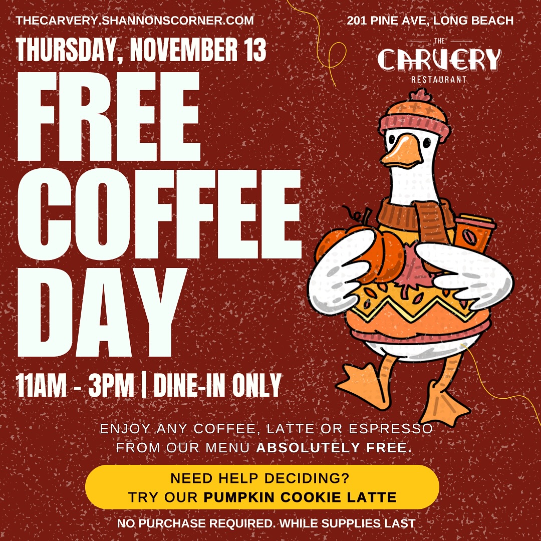 No catch no purchase no excuse. Get yourself a free coffee this coming Thursday because you deserve it! ☕️
.
.
.
.
.
#FreeCoffee #LongBeachDrinks #TheCarveryLB #CoffeeLovers