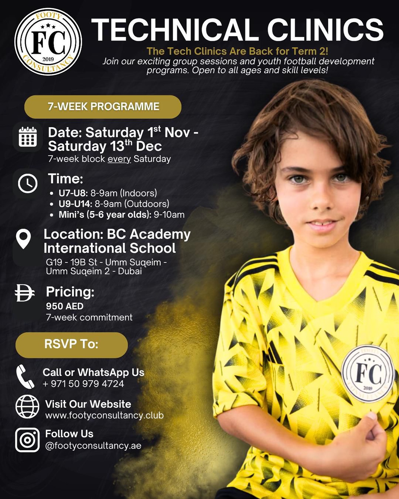 🚀 Ready to level up your football skills?
Our 7-week Tech Clinics are back — more drills, more learning, more fun!
Don’t miss out! Starts Saturday, Nov 1st at BC Academy International School 🏫
RSVP now and secure your spot ⚽
#FootyConsultancy #FootballDevelopment #DubaiFootball #uaefootball