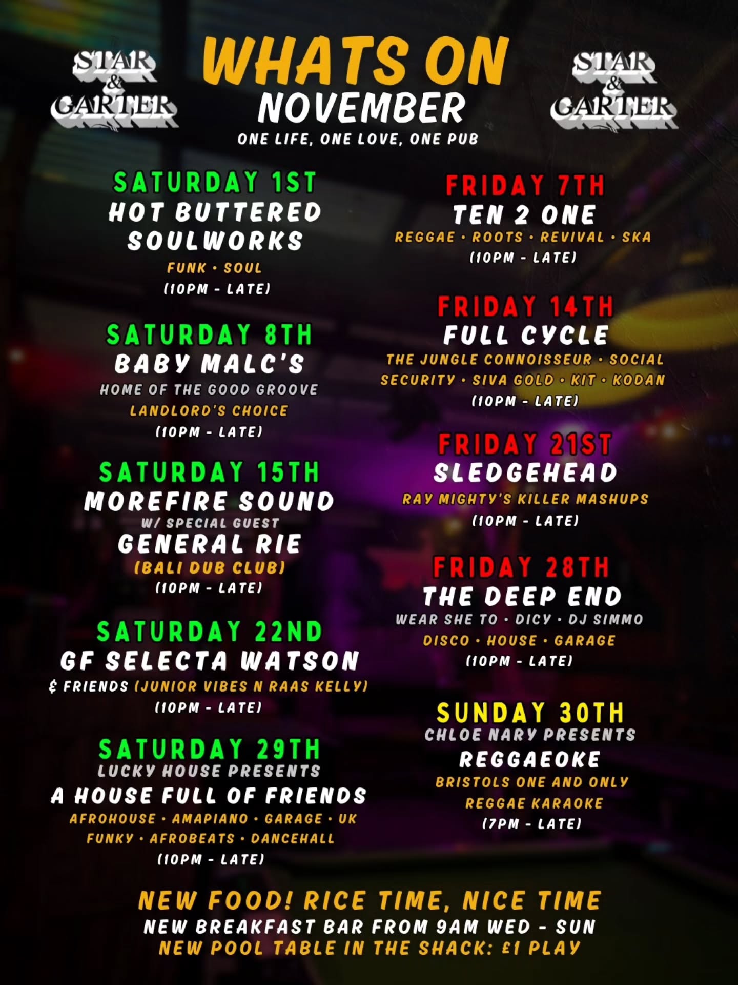 Where will we be seeing you? 💚❤️💛
We are excited to share our November What’s On event schedule and are ready for another great month. If you’re looking for good food (swipe for what’s in store 👀), warming drinks, or to be a pool champion, come join us at the Star & Garter!
Thank you for the incredible support on our Fundraiser for Hurricane Melissa. We continue to welcome messages, raffle prizes, and community recommendations.
Please don't hesitate to reach out if you have any questions or suggestions. We hope to see you very soon!
#bristolpubs #starandgarterbristol #ten2one #fullcyclerecordings #morefiresound