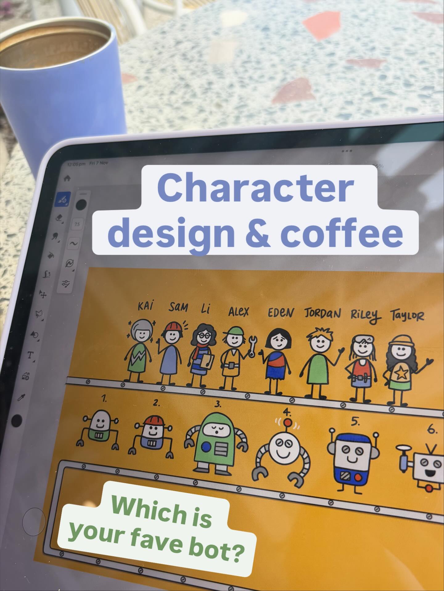 Designing some characters while sipping coffee at my fave spot. Fridays are when I try to do the creative playful stuff - which bot is your pick?