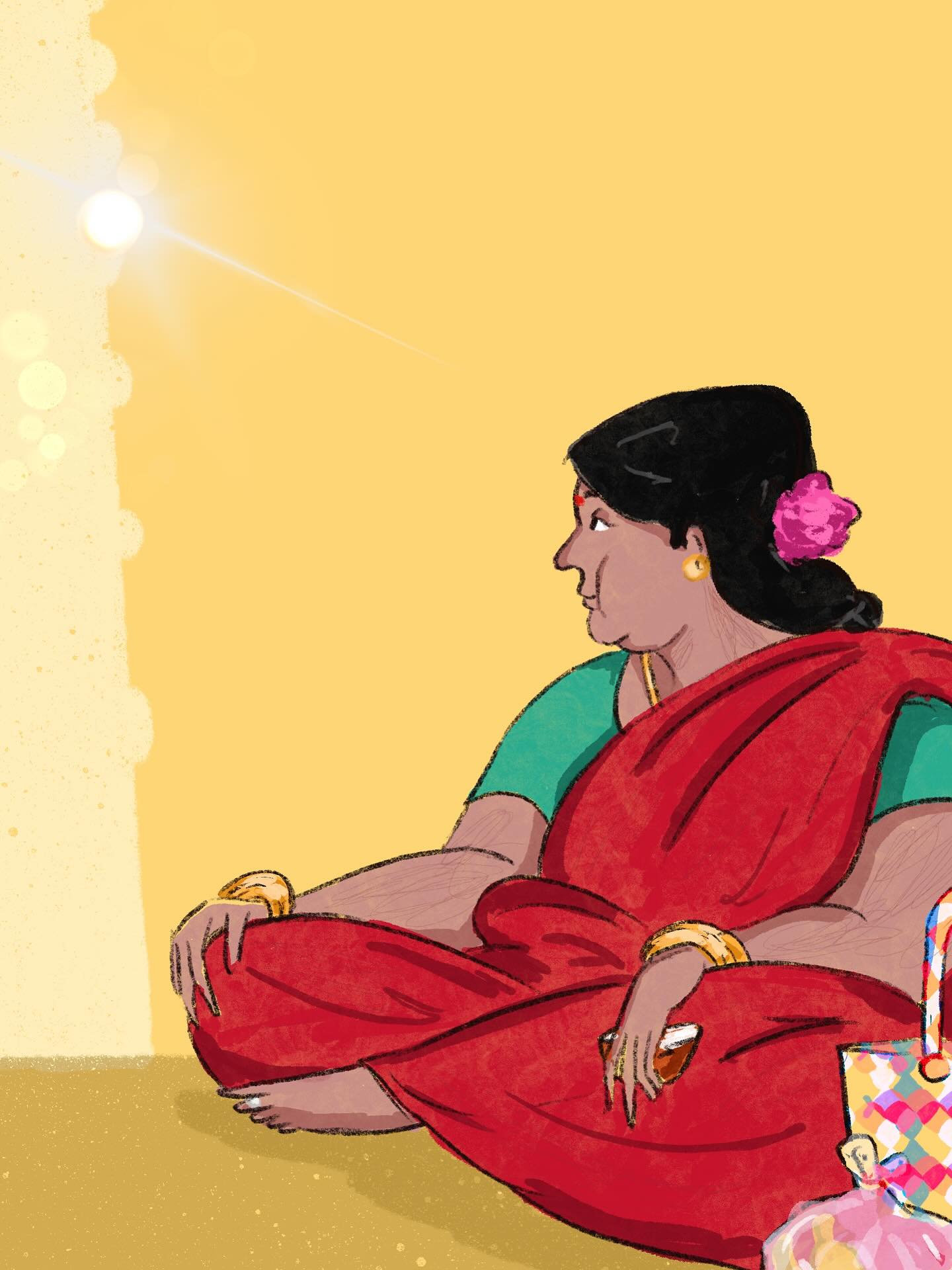 I feel awkward drawing live sketches of people. So I click pictures sneakily or memorise them or make notes about notable features and draw them after coming home. This is one such sketch of a woman I saw at a temple.