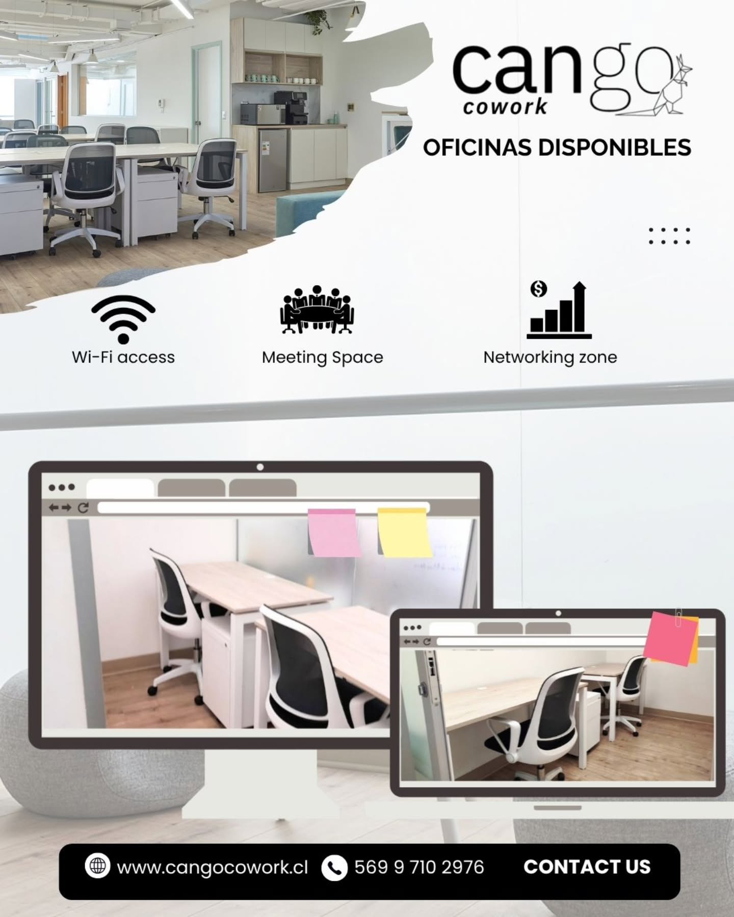 📣¡Hola! Estás buscando oficina o espacio de trabajo para 1 o 2 personas? Tenemos disponibles 2 oficinas privadas para ti. (Apúrate que se arriendan muy rápido)
Estás iniciando un negocio junto a un socio y necesitan un lugar privado donde proyectar sus ideas? Cango es el lugar indicado!
Ven a conocer las oficinas que están disponibles! Integran un plan de cafetería, wifi, gastos operacionales, horas de salas de reuniones, seguridad, la oportunidad de realizar networking, excelente ubicación y más beneficios!
Estamos ubicados en Diego de Velásquez 2079, Providencia. (Metro Pedro de Valdivia o Metro los Leones)
📱Cotiza escribiendo a nuestro WhatsApp:
+569 9 710 2976
Cuando escribas al WhatsApp; di que viste la publicidad de Instagram y si arriendas la oficina por 1 año, te hacemos un 50% de descuento el primer mes... 🎄🎁.....💞
¡¡Te esperamos!!