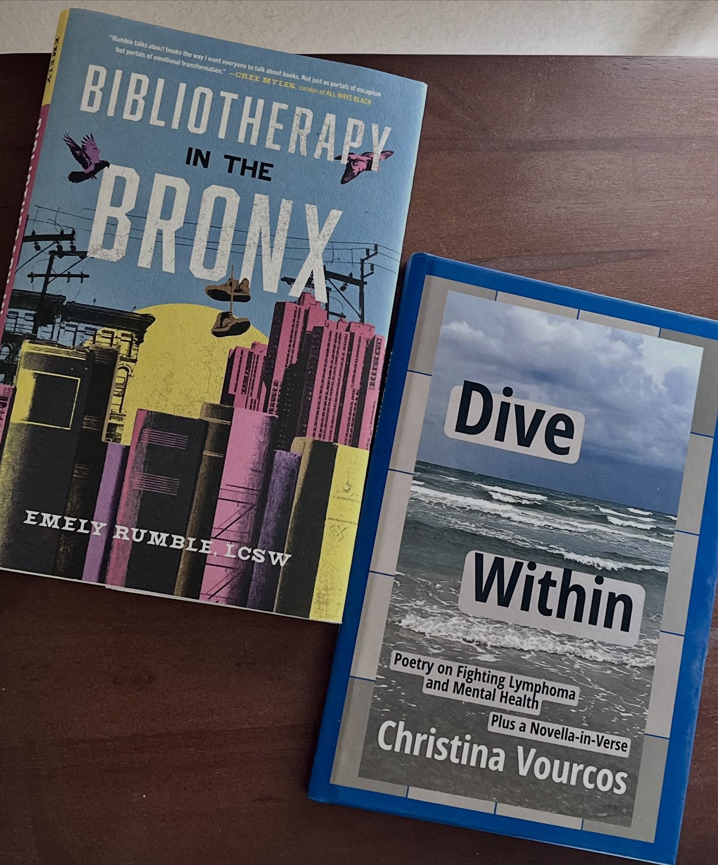 @conchas.y.cuentos’ #BeyondLHMBookstaChallenge is a way to provide more support for Latine authors and Latine books beyond Latinx / Hispanic Heritage Month. There’s a chance to highlight something Latine almost every day.
Today is Stories of Change, where we can highlight Latine books about resistance and resilience. I really wanted to focus on resilience. With bibliotherapy, we can increase our resilience, the capacity to cope and recover quickly from difficulties. @literapy_nyc shares more about how reading and writing can provide therapeutic support. Em Rumble’s book is a resource that I continue to go through to help me deal with the long-term side effects of cancer treatments, but also other challenges that come my way.
I still notice how much chemotherapy and radiation impacted my body, including my mental health. While I’m much better than I was during treatments, I still feel like the treatments (while saved my life) changed how I could move forward, especially in my work as an educator and indie creator. My poetry book DIVE WITHIN made me realize how much poetry writing could help me heal, but it also continues to remind me of how I’ve struggled with writing. It’s not the typical writer’s block. It’s the realization that chronic brain fog and fatigue would be the catalyst to change how schedule my life with work-life balance.
When I struggle to write on my latest poetry manuscript, it’s when I have to find where I need to readjust to make sure I have moments for mental and creative rest. Even when I’m grading my students written work, I have to have ways to rest too with small breaks. It’s usually when creating visual art comes in and give me a chance to refill. My book DIVE WITHIN was when I started to notice how making visual art in between my writing helped me move forward on my manuscript and so much more. Did you know that my exploration of art therapy books, during the creation of DIVE WITHIN, led me to find Em before she released her book BIBLIOTHERAPY IN THE BRONX? She even let me read her book before it was released. I hope you read it alongside my poetry book. These two books can be perfect self-care gifts to give to others or yourself.