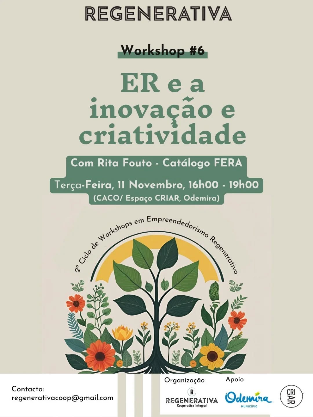 ➡️ 6º WORKSHOP EM EMPREENDEDORISMO REGENERATIVO - Inovação e criatividade com Rita Fouto
📆 11 de Novembro, 16h às 19h
📍CACO/ Espaço Criar e online no link da Bio
A REGENERATIVA realiza o seu 6º workshop em Empreendedorismo Regenerativo, na terça-feira 11 de novembro, das 16h às 19h, na CACO/ Espaço CRIAR em Odemira, facilitado por Rita Fouto (co-fundadora da Regenerativa, criadora artística e consultora de ambiente e empreendedorismo) para falar da inovação e criatividade em projetos de empreendedorismo regenerativo.
A sessão será bastante focalizada na condução de uma atividade prática, através da qual se pretende refletir sobre o tema e questões inerentes e emergentes.
O workshop terá uma transmissão online na plataforma zoom, com alguma interação com os participantes, sendo gratuito e de inscrição obrigatória.
Para mais informações e confirmação de presença, contacta-nos para o e-mail regenerativacoop@gmail.com ou tmv 914075306.