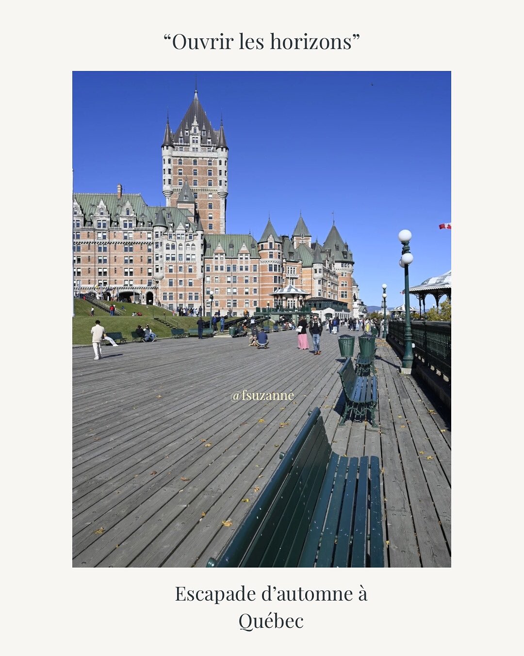 « Ouvrir les horizons… »: Flâner sur la terrasse Dufferin, au pied du Château de Frontenac, c’est s’offrir une pause hors du temps ! #evasions #hoteldelegende #roadtriocanada #terrassedufferin #voyageinspiration #artpassion❤️ #artgallerys #artxterra #lescompagnonsdelexcellence #camelbackgalleryfeaturedartist #quebec🇨🇦