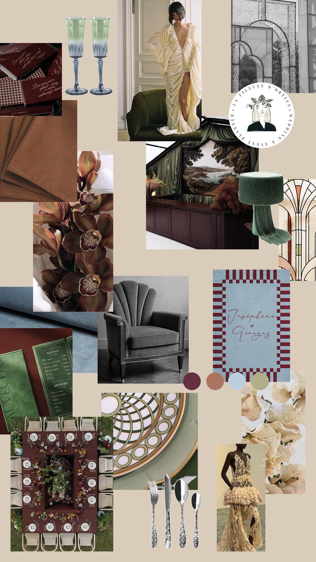 Cette année les Arts décoratifs fêtent 100 ans, les expositions parisiennes les mettent à l’honneur et les designers s’en inspirent pour créer une nouvelle tendance = Le Néo Art Déco
(Donc qui dit monde du design dit qu’on devrait pas tarder à le voir pointer le bout de son nez dans le monde du mariage !)
Alors concrètement ça veut dire quoi le Néo art déco ? Ici on ne copie pas à la lettre les années 30, le Neo empreinte certes des codes au passé mais il sait les réinterpréter créant un nouveau style à la fois glamour et moderne.
Côté couleur on aime les déclinaisons de bleus nuit, profond et particulièrement le bleu Madeleine Castaing. On le marie volontiers au cherry et burgundy. Le marron chocolat des années 70 est toujours à la page et on bloque particulièrement sur le coloris mocha mousse. Enfin une nouvelle couleur se forge une place dans le monde de l’art, c’est le vert pistache.
Côté matériaux, on recherche le luxe et le très sophistiqué.
Tissus en velours, laine bouclée, jacquards à motifs géométriques, soie
Pierres brutes, travertin, marbres veinés
Bois foncé (type noyer, ebene)
Verre flute, armé, strié
Métal brossé, martelé, torsadé…
Dans l’objectif de développer ma créativité, je me suis demandée ce que ça m’inspirait et j’en ai réalisé un moodboard mariage sur ce thème.
J’y ai vu des formes géométriques, de la mise en place des tables jusqu’à la structure de l’arche de cérémonie qui s’inspirerait du vitrail. Je vois un grand bar en bois foncé, des assiettes à motif imprimé, des couverts en acier matelassé, des menus en velours et des verres en verre teinté.
Quand à notre mariée, elle se la jouerait Josephine Baker, au cabaret.
#weddingdesign #weddingplanner #weddingdecoration #weddingdress #weddinglook #weddingtable #weddinginspiration #weddingphotography #weddingideas #tendancemariage