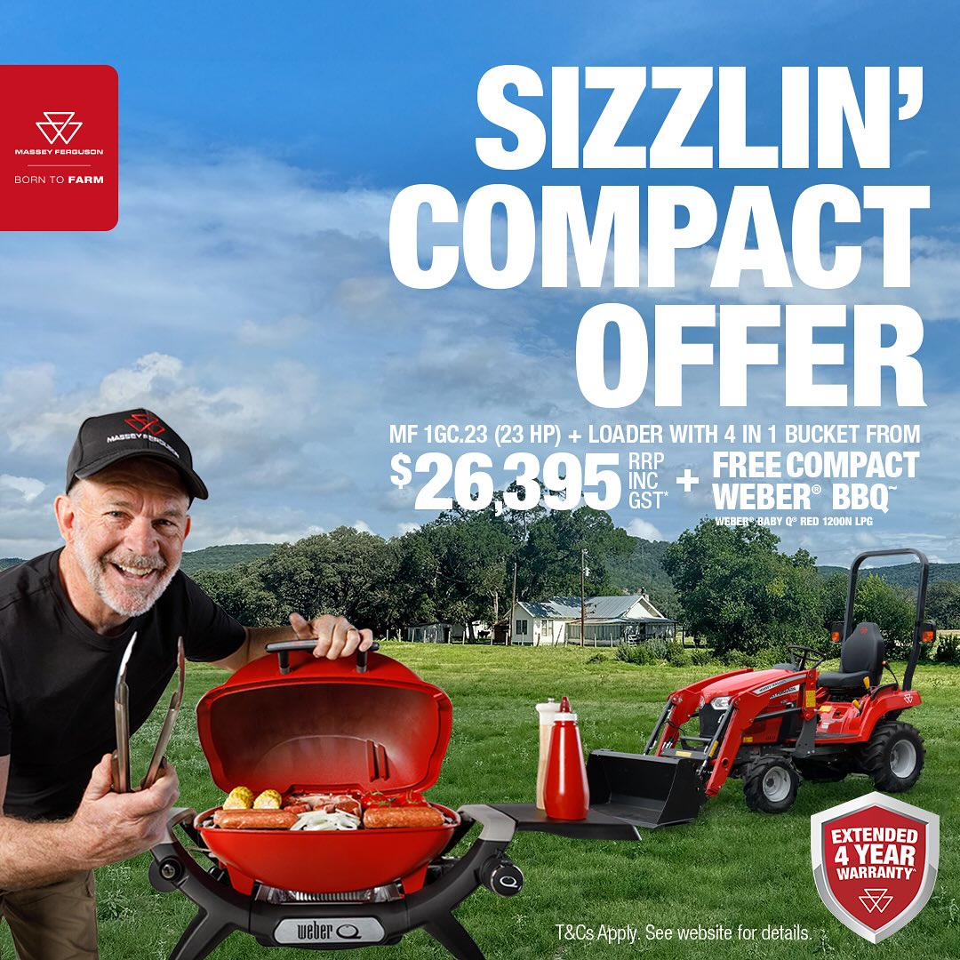 Sizzlin’ Compact Offer! 🔥
Get the MF 1GC.23 (23HP) compact tractor + loader with 4-in-1 bucket from $26,395 RRP (inc GST, exc delivery charges) — and we’ll throw in a FREE Compact Weber® Baby Q® BBQ to keep your weekends grilling hot! 🍔🌭
Perfect power for small farms, lifestyle blocks, and all your compact needs.
Plus, enjoy an extended 4-year warranty for total peace of mind.
👉 Don’t miss out — this offer’s too hot to last!
Visit Southern Forest Machinery in Manjimup, or check out the Massey Ferguson Australia website for T&Cs.
#MasseyFerguson #BornToFarm #CompactTractor #WeberBBQ #FarmLife #SizzlinOffer #TractorDeal #RuralLiving #SmallAcreage #FarmersOfInstagra