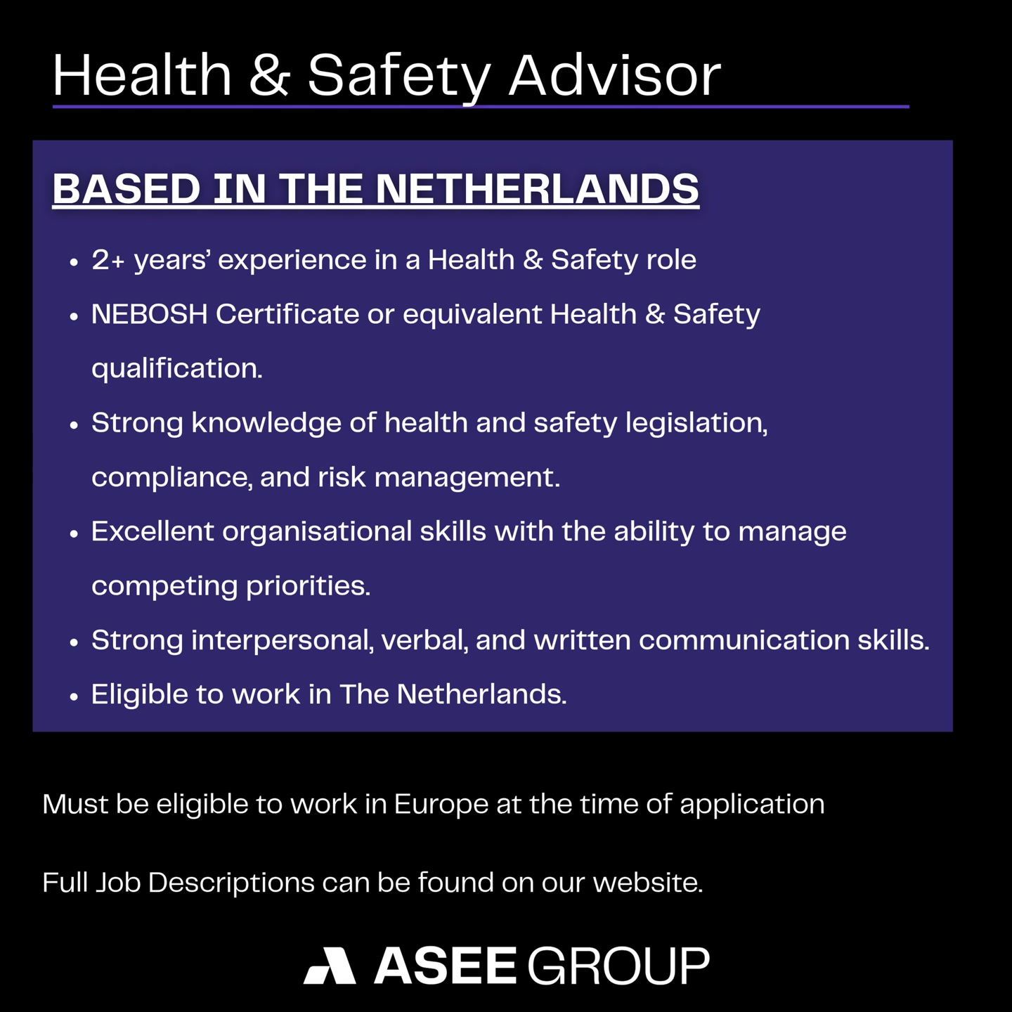 Exciting Career Opportunity in The Netherlands!
🦺Health & Safety Advisor
📍 Location: The Netherlands
At ASEE Group, we value talent, creativity, and a proactive mindset. Join our team and make an impact in a collaborative environment where you’ll contribute to innovative, forward-thinking projects.
✅ Must have the right to work in Europe at the time of application.
Learn more & apply on our website.
Or know someone perfect for this role? Tag or share this post with them!
#ASEEGroup #Recruitment #TheNetherlands #HealthandSafety #HandS #Engineering #Europe