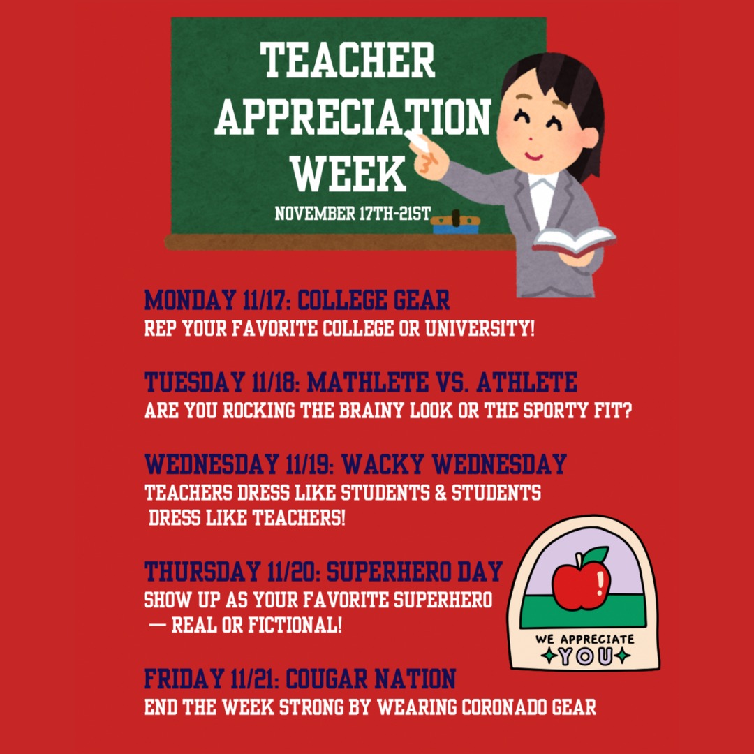 🌟 Teacher Appreciation Week Dress-Up Days! 🌟
Cougars, let’s celebrate our amazing teachers all week long! Show your school spirit and join the fun with each themed dress-up day. 💙🍎❤️
Check the flyer for daily themes—and don’t forget to tag us in your photos! 📸✨
#TeacherAppreciationWeek #CougarPride #WeLoveOurTeachers