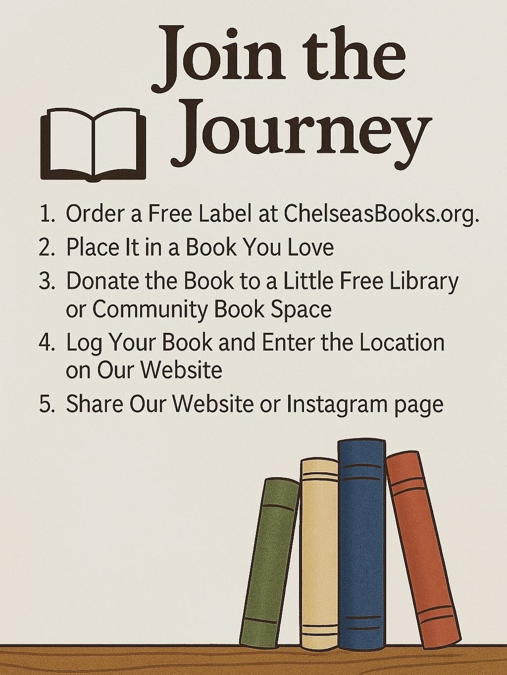 We love seeing so many books shared!📚 But don’t forget the final step on logging where you shared it.
Here’s how to complete your book’s journey. 👇
1. Add your book
After placing your Chelsea’s Books label inside, go to ChelseasBooks.org and enter your Book ID, title, and author.
2. Add where you shared it
Click your book in the list, then log the location.
It’s easy! Just include the city and state, or cross street.
3.See your impact!
Once logged, your book appears on our map. Let’s see how far Chelsea’s love of reading travels. 🌍💫
Let’s keep the journey going together. 💜
#ChelseasBooks #ShareABook #ShareHope #BookJourneyForChelsea #MentalHealthAwareness #SuicidePrevention