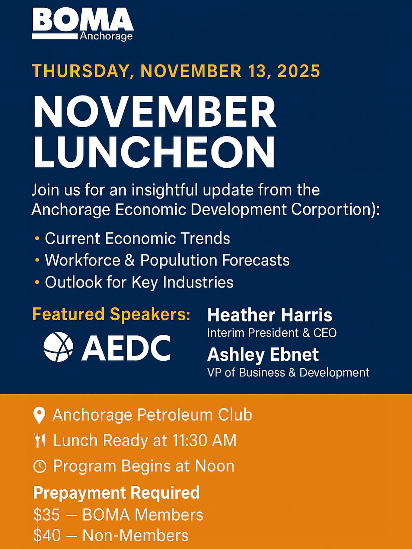 Don’t miss BOMA Anchorage’s Nov 13 luncheon with AEDC!
📊 Trends, forecasts & more.
Register: https://www.bomaanchorage.com/event-info/november-boma-luncheon-aedc-update