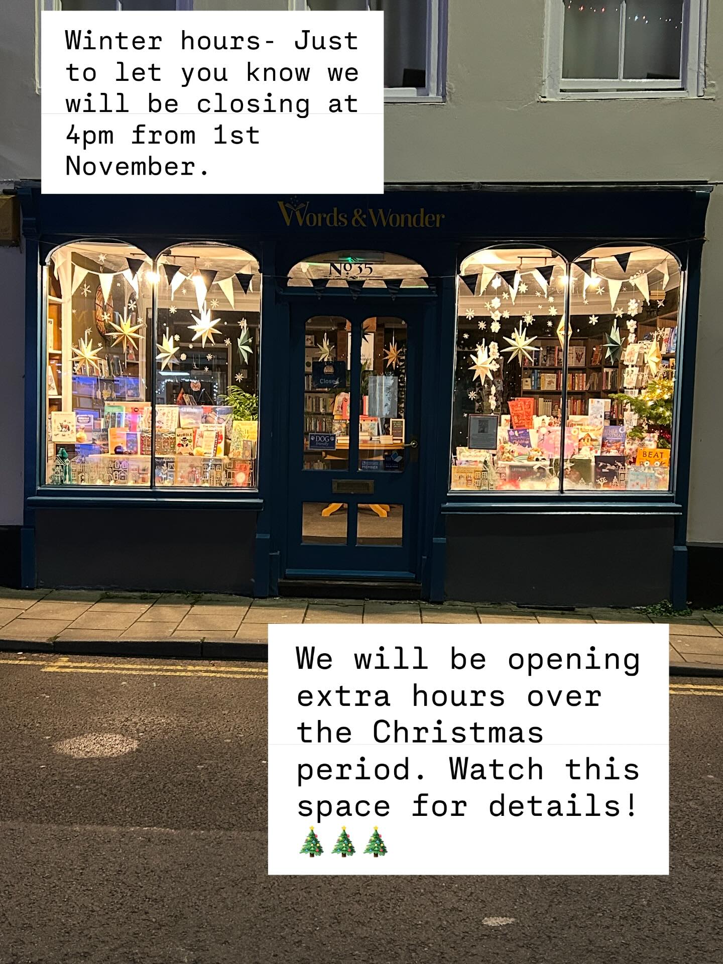 From the 1st November we will be closing at 4pm.
We will be opening extra hours in the run up to Christmas though, so watch this space for details! 🎄📚🎁