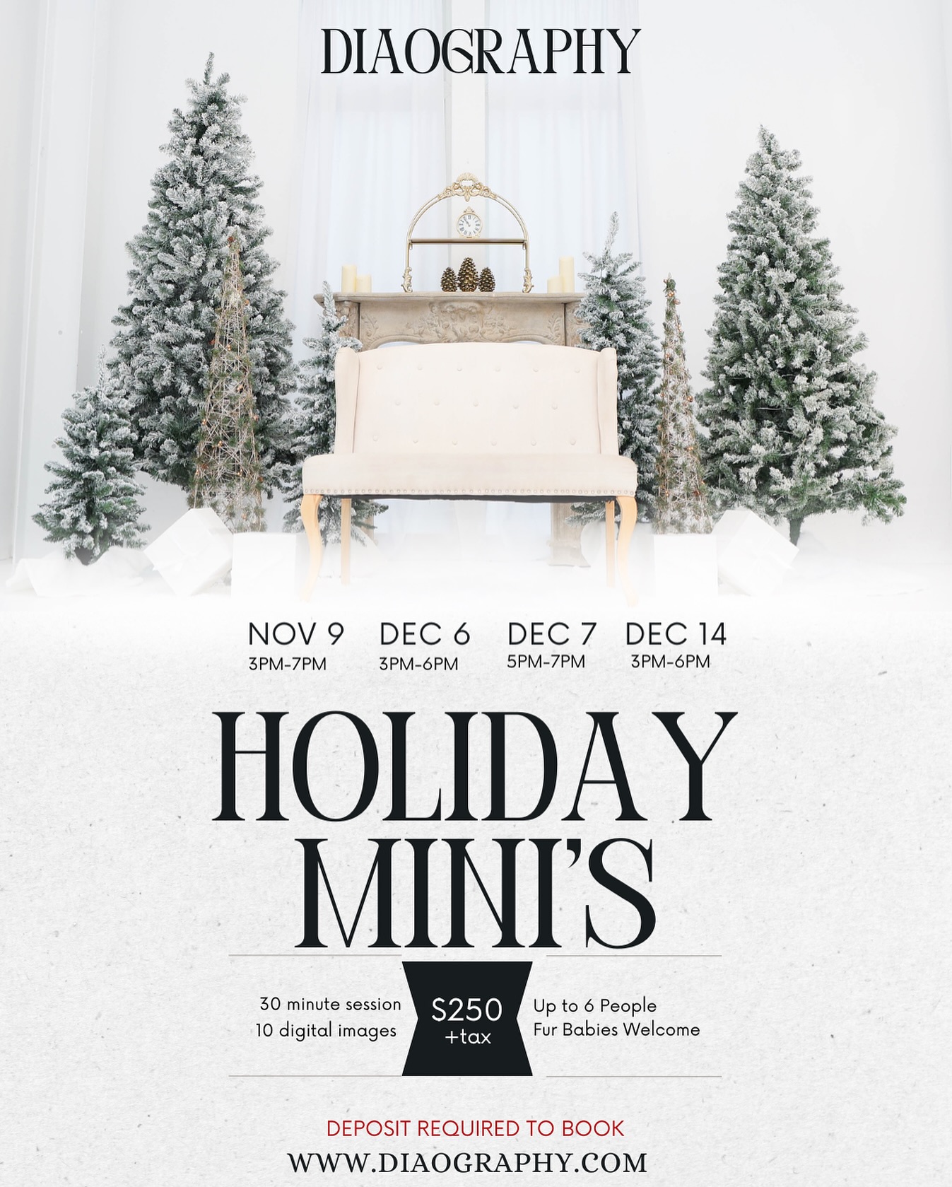 ✨ Holiday Mini Sessions are HERE! ✨
Cozy vibes, frosted trees, and the perfect setup to capture your family’s holiday magic 🎄
📸 30-minute session
📸 10 digital images
👨👩👧👦 Up to 6 people (fur babies welcome!)
💰 $250 + tax
📅 Limited dates: Nov 9, Dec 6, Dec 7, Dec 14
A deposit is required to book — spots go FAST!
Reserve your session at www.diaography.com 💻
#HoustonPhotographer #HolidayMinis #ChristmasPhotos #FamilyPhotography #Diaography
