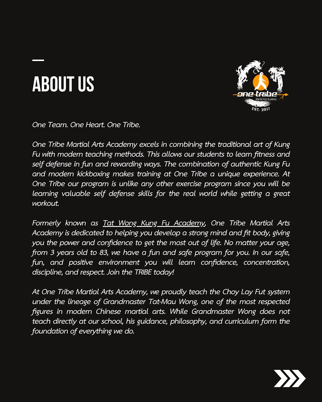 🥋 Welcome to One Tribe Martial Arts Academy! 🌟
One Team. One Heart. One Tribe.
Since 2017, we’ve been combining traditional Choy Lay Fut Kung Fu with modern Kickboxing (Sanshou/Sanda) to create a unique, dynamic training experience. Whether you’re 3 or 83, our programs build strength, confidence, discipline, and practical self-defense skills—all in a safe, fun, and positive environment.
💥 Kung Fu – Choy Lay Fut: Explosive strikes, fluid techniques, and time-tested Shaolin principles that develop strength, focus, and confidence.
💪 Kickboxing – Sanshou (Sanda): Fast-paced, dynamic, and practical for real-world self-defense, combining strikes, kicks, knees, and wrestling techniques to build stamina, athleticism, and power.
🌟 Our Student Creed:
I promise to develop my mind and body, respect the art, and support my school - using my skills only for defense, never abuse.
Join the Tribe today and experience a martial arts program unlike any other - where tradition meets modern training, and every class empowers you to be your best.
📲 Scan or tap to claim your trial today!
📍 5100 Clayton Rd. Ste. AI0, Concord, CA 94521
🌐 www.onetribemartialarts.com
📸 @Onetribemartialarts
💪 Confidence ✅ Focus ✅ Discipline ✅ Strength ✅ Life Skills ✅ Fun for ALL Ages ✅
#OneTribeMartialArts
#MartialArts
#KungFu
#Kickboxing
#ChoyLayFut
#Sanshou
#Sanda
#SelfDefense
#MartialArtsForAll
#KidsMartialArts
#TeensMartialArts
#AdultMartialArts
#ConfidenceBuilders
#DisciplineMatters
#FocusAndStrength
#MartialArtsLife
#FitnessJourney
#StrengthAndDiscipline
#BalanceAndFlexibility
#PersonalGrowth
#LifeSkillsThroughMartialArts
#HealthyLifestyle
#EmpowerYourChild
#FamilyMartialArts
#MartialArtsTraining
#KickPunchGrow
#TinyButMighty
#MartialArtsJourney
#JoinTheTribe
#ConcordCA