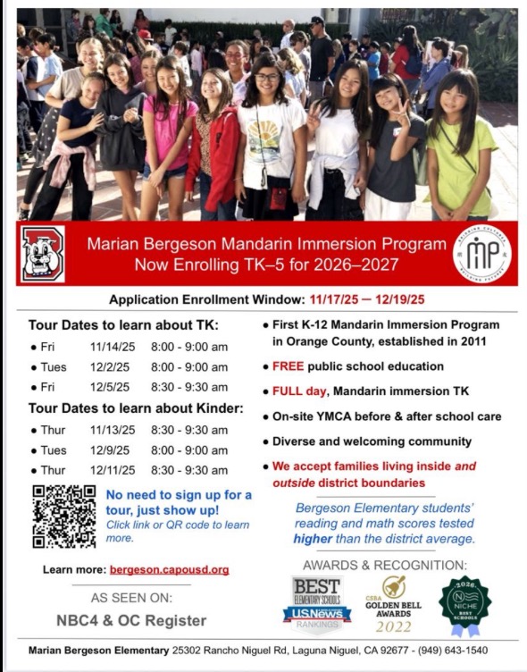📣 Now Enrolling for 2026–2027!
Curious about the Mandarin Immersion Program at Marian Bergeson Elementary? 🇨🇳✨
Join one of our upcoming school tours to learn more about our award-winning, tuition-free public program the first TK-12 Mandarin Immersion track in Orange County!
🗓 Tour Dates
TK Tours:
• Fri 11/14 8–9 AM
• Tues 12/2 8–9 AM
• Fri 12/5 8:30–9:30 AM
Kinder Tours:
• Thur 11/13 8:30–9:30 AM
• Tues 12/9 8–9 AM
• Thur 12/11 8:30–9:30 AM
📍 Marian Bergeson Elementary
25302 Rancho Niguel Rd, Laguna Niguel CA 92677
🗓 Enrollment Window: Nov 17 – Dec 19 2025
🎯 No need to register for a tour — just show up!
Scan the QR code or click the link in bio to learn more.
📚 Building bilingual leaders since 2011.
#MandarinImmersion #LagunaNiguel #OCSchools #BergesonElementary #DualLanguage #CapoUSD #EducationForAll #FriendsOfMIP