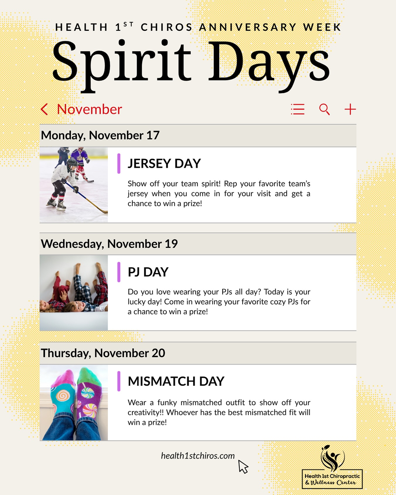 It’s Health 1st Anniversary Week! 🎉
We’re celebrating years of nervous system wins, family milestones, and community transformation — and we want YOU to join the fun!
✨ Each day this week has a special Spirit Day Theme — from Pajama Day to Favorite Sports Team Day — and yes, there will be prizes, giveaways, and smiles all around. 🧠💪
Why do we celebrate so big? Because every milestone here isn’t just about us — it’s about every baby who’s sleeping better, every mom who’s found relief, and every dad who’s finally pain-free.
📸 Come dressed for spirit, snap a pic with our team, and tag us to be featured on our Story! Plus everyone who comes dressed up for spirit days will have a chance to win prizes!
📍Located in Inver Grove Heights | Family-focused care | Neurological Chiropractic & SoftWave Therapy
👉 Let us know below: Which spirit day are you most excited for?
#ChiropracticAnniversary #InverGroveHeights #PediatricChiropractor #PrenatalChiropractic #SpiritWeekFun #FamilyWellness