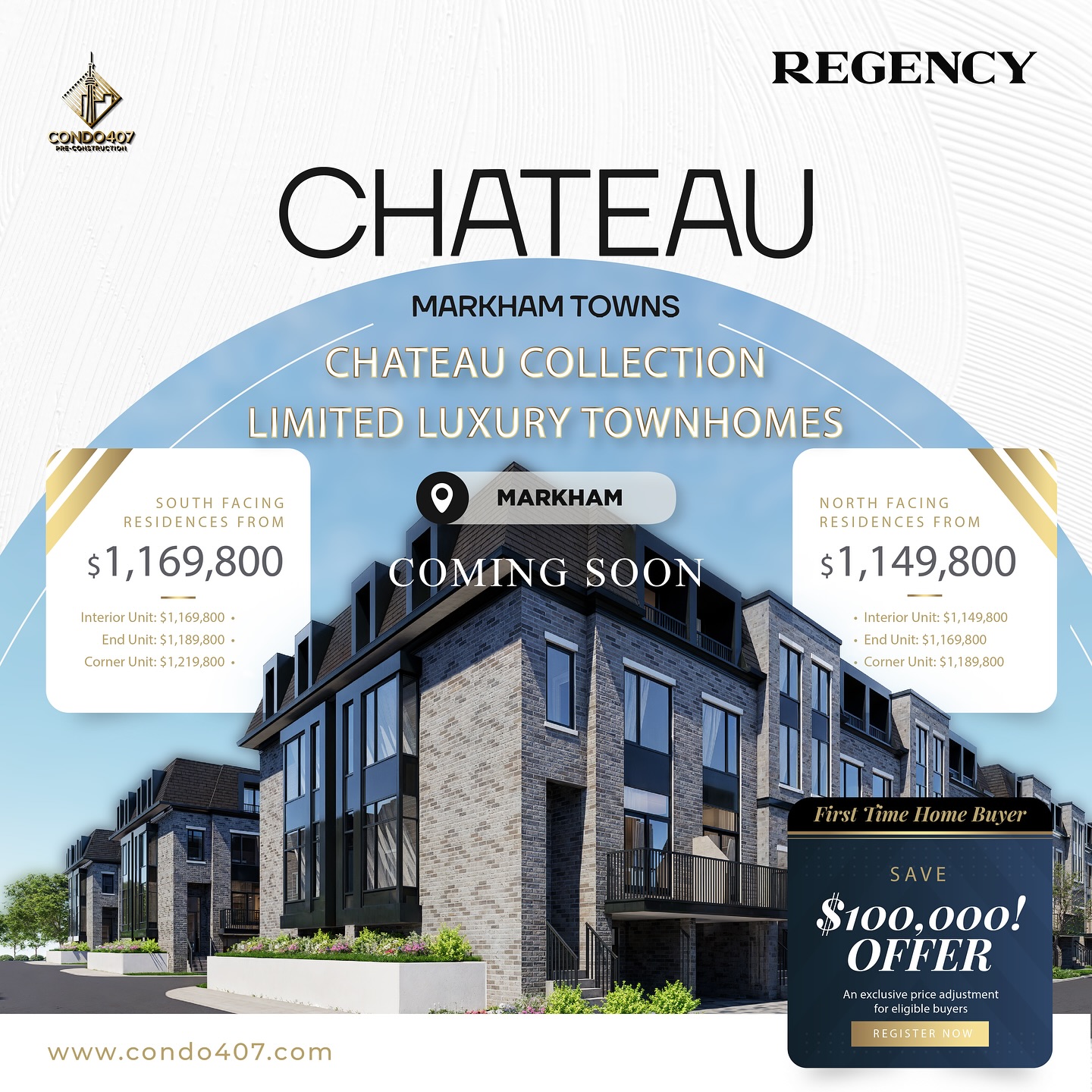 🌳✨ Chateau Markham Towns – Where Your Future Connects ✨🏡
📍 Markham, ON | Coming Soon!
💰 First-Time Home Buyer Incentive: Save $100,000!
North Facing from $1,149,800 | South Facing from $1,169,800
Step into a life of sophisticated ease. Chateau Markham Towns blends classic elegance with modern luxury in a vibrant, connected community.
🌳 Serene parks & exclusive golf courses
🚗 Steps to GO Transit, YRT, TTC & Hwy 407
🏫 Top-ranked York Region schools at your doorstep
🛍️ Dynamic downtown & premium CF Markville Mall
🏡 Spacious layouts with 10‘ main floor ceilings
☀️ North & South facing options available
🎨 Personalized finishes in kitchen & baths
🔒 Backed by Tarion New Home Warranty
✨ A lifestyle defined by elegance, access, and ease. ✨
📩 Contact today:
☎️ 416.856.1997
☎️ 416.879.6118
📧 info@condo407.com
🌐 www.condo407.com
#ChateauMarkhamTowns #toronto #markham #MarkhamTowns #regency
#firstTimeBuyer