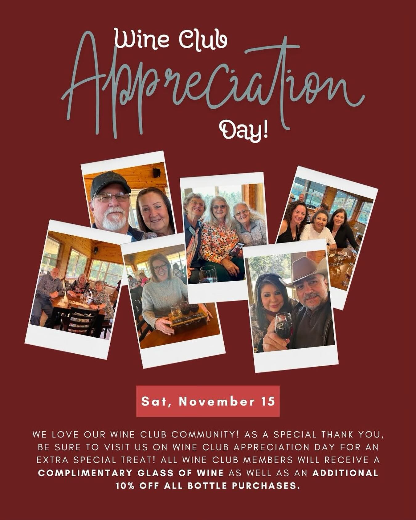 🎉🍷 Calling all wine club members! Saturday, Nov. 15 we’re raising a glass to YOU with a complimentary pour and an extra 10% off all bottle purchases. This season, we want to thank you for being part of our vineyard family! ❤️