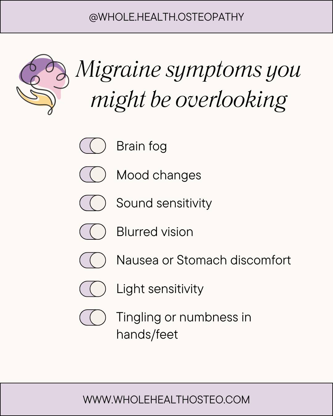 We often tell ourselves it’s just stress or just tiredness, but migraines can show up in subtle ways we don’t always recognise.
💭 Brain fog
💡 Light or sound sensitivity
🤢 Nausea
😴 Fatigue
🦶 Tingling or numbness
If you experience any of these, it might not be “just a headache.”
At The Melbourne Headache Clinic located within Whole Health Osteopathy, we help identify and manage the underlying drivers of migraine, from muscle tension and posture to lifestyle triggers.
✨ Early recognition = faster relief.
📍South Morang | 📍Coming soon to Eltham
#MelbourneHeadacheClinic #MigraineAwareness #WholeHealthOsteo #HeadacheRelief #OsteopathyAustralia #MigraineSupport #SouthMorangHeadacheRelief #ElthamOsteopath
