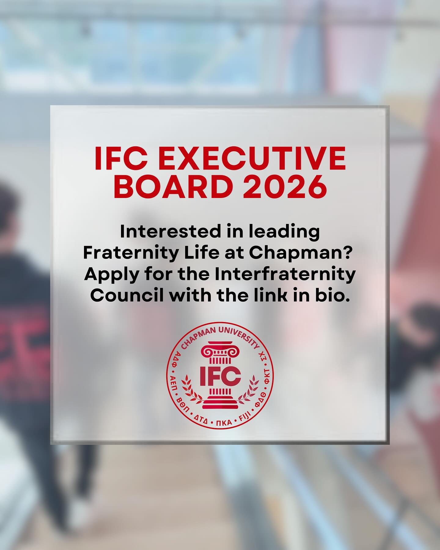 IFC Executive Board applications for 2026 are officially OPEN.
Looking to take your impact further and help lead fraternity life at Chapman? This is your chance to step into a leadership role, help shape the future of the IFC community, and build real skills along the way.