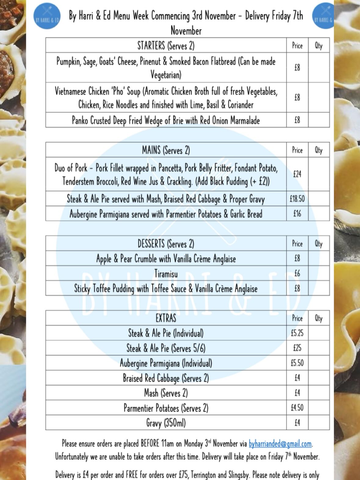November Menu now LIVE! We will be doing a delivery of @chef_ed_allen’s grub once a month alongside the market and pop ups. Deliveries will take place on a Friday and all dishes are freshly prepared therefore the majority is suitable for freezing. Full cooking instructions also provided.
Ed’s infamous Pies are back on the menu and we have over 30 Pies on order so far…They are freshly prepared and therefore great for the freezer in particular with the festive period coming up - a good idea to stock up for when those friend and relatives pop round!
If you would like to place an order, please get in touch no later than 11am on Monday 3rd November.
#food #delivery #chef #seasonal #foodporn #foodphotography #york #ryedale #foodie #bread #dessert #deliveroo #caterer #catering #supportlocal #supportsmallbusiness #festive