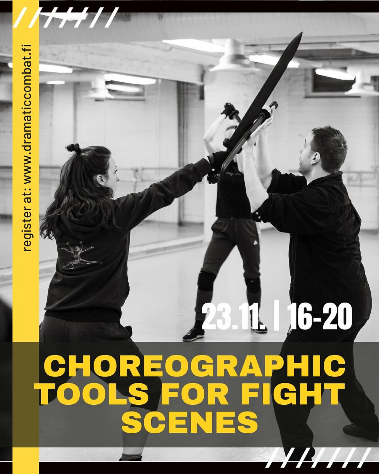 Choreographic Tools for Fight Scenes Workshop 23.11.2025 16:00-20:00 at Aleksanterin Teatteri.
In this workshop, we work with a variety of choreographic tools aimed at performers, teachers, and choreographers. During the workshop, we’ll learn how to approach creating choreographies from different perspectives and how to add layers to scenes and movement. What kinds of dynamic choices can you make, and what do you need to take into consideration when creating a choreography?
The teacher of this workshop is Arvo Jean-Michael Ärlig, who is currently a stage combat teacher student under Oula Kitti and has worked as a contemporary dancer and actor. He works with pieces built on compositional and task-based tools, and aims to bring the tradition of written choreographic vocabulary from dance and physical theatre into stage and screen combat contexts.
This workshop is part of the student teacher’s final thesis and research, and feedback from the participants will be used in the written paper, which will be available to read at a later date. Participants will also receive the finished paper for the workshop.
Sign up through our website www.dramaticcombat.fi
#dramaticcombatfinland #dramaticcombat #workshop #fightchoreography