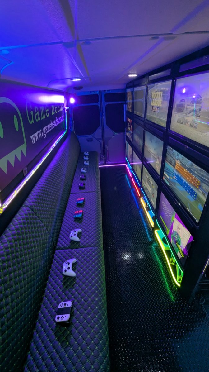 MAX van , seats upto 14 players , 14 consoles (Nintendo , Xbox, PlayStation, 2 racing vr Sims , www.gameheads.co.uk