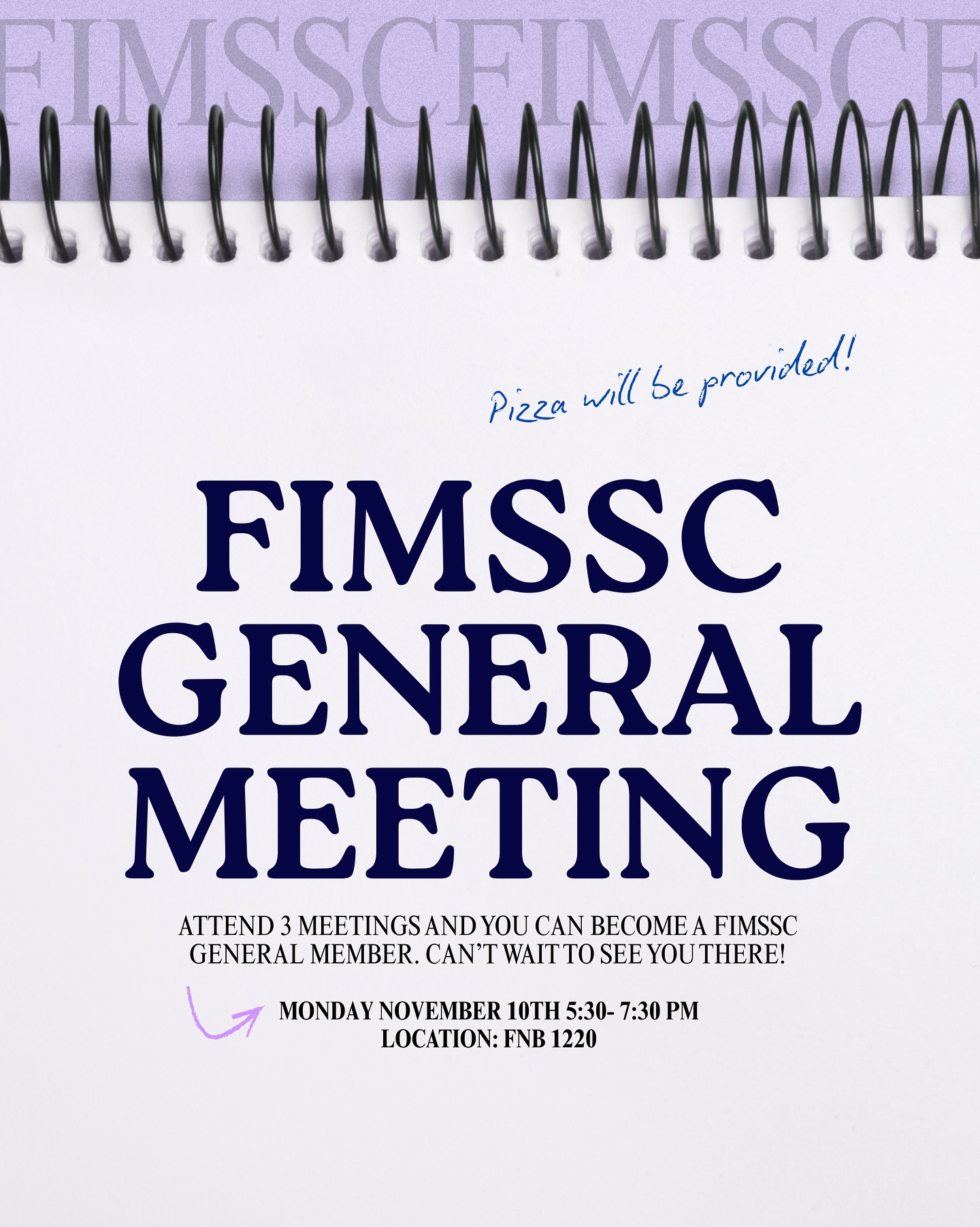 Join us for 3rd general meeting on Monday November 10th, at 5:30 pm in FNB room 1220.
Stop by for free pizza and council information! 💜
Can’t wait to see you all there!