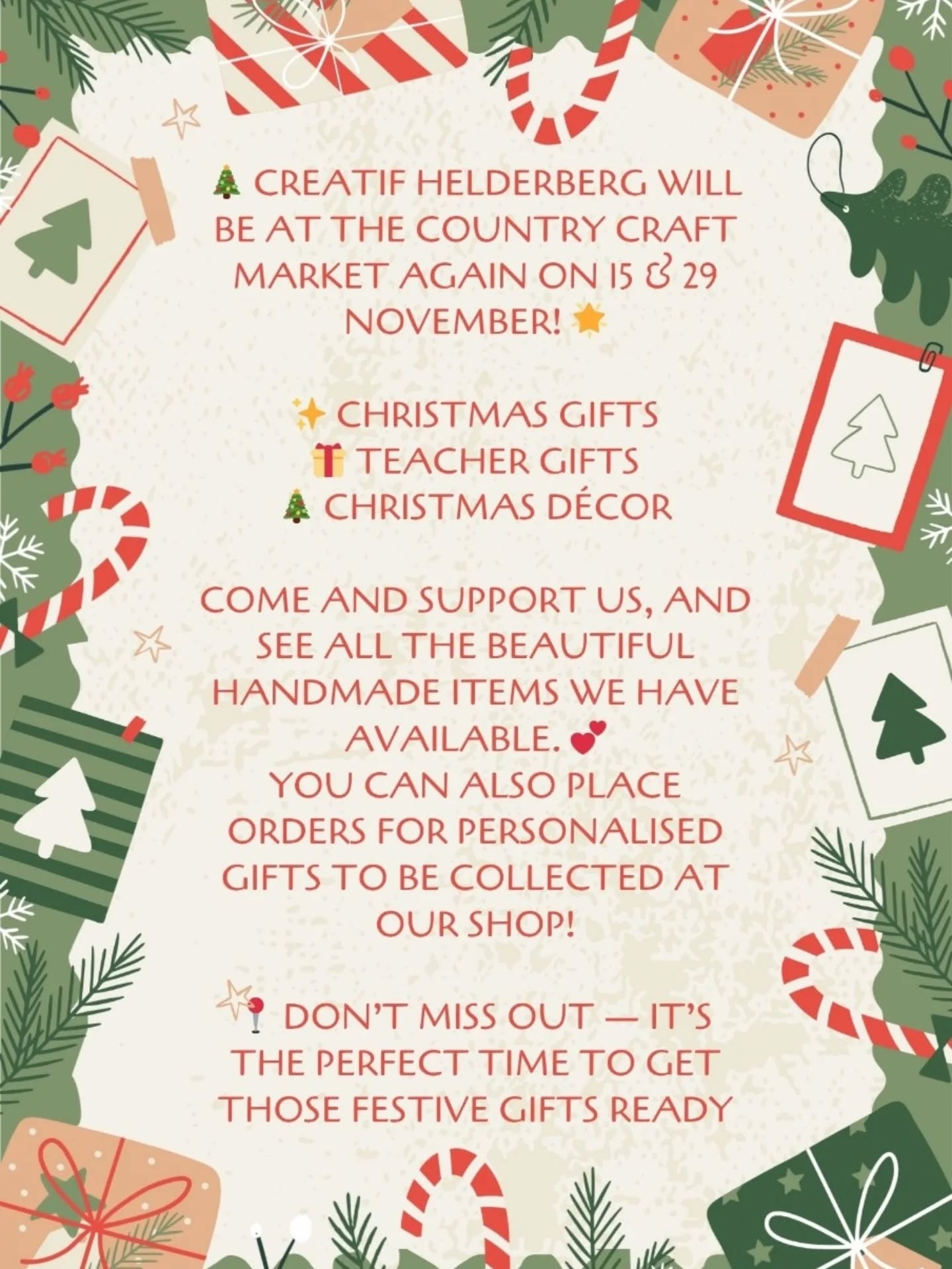 🎄 Creatif Helderberg will be at the Country Craft Market again on 15 & 29 November! 🌟
✨ Christmas gifts
🎁 Teacher gifts
🎄 Christmas décor
Come and support us, and see all the beautiful handmade items we have available. 💕
You can also place an order to make personalized gifts to be collected at our shop!
📍 Don’t miss out — it’s the perfect time to get those festive gifts ready!
Southey's vines, 156 Main Road, Somerset West.
@partydecorhire
@retro_photo_booth