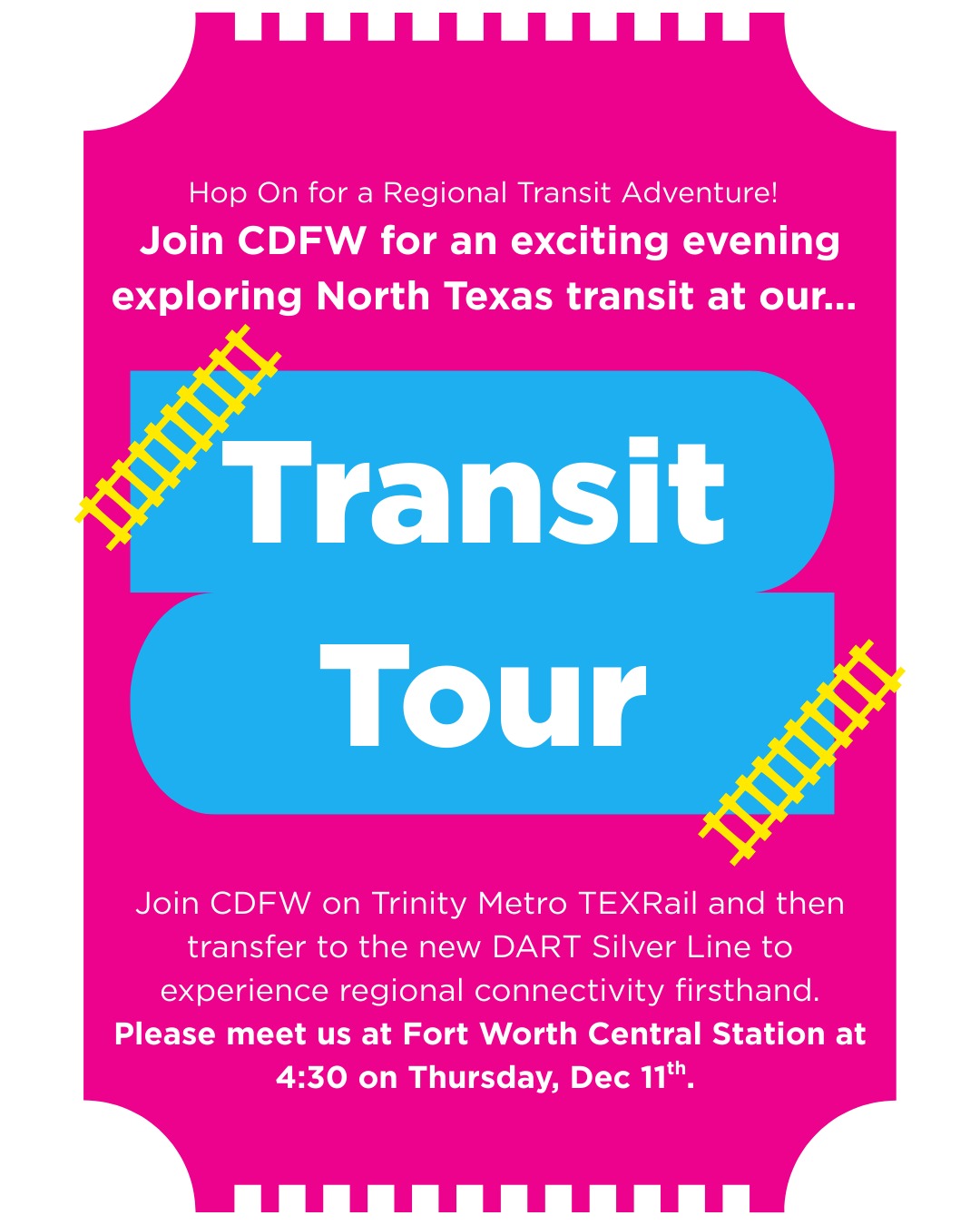 Join CDFW this Thursday for our Transit Tour. Experience Regional Connectivity firsthand and stop for happy hour!
Thursday, December 11, at 4:30, meet at Fort Worth Central Station, ready for an afternoon of learning and fun.
#transittour #communitydesign #communitydesignfortworth #regionalconnectivity #northtexastransit