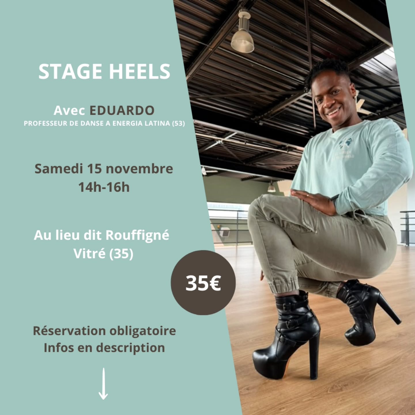 🔴 ANNULÉ, une date de report sera proposée prochainement 🔴
🌟 Stage découverte Heels avec Eduardo – @energialatina.53 🌟
Mermaid Pole a le plaisir d’accueillir Eduardo, professeur à @energialatina.53 à Laval (53), pour un stage exceptionnel de Heels.
Deux heures pour explorer la danse en talons :
Première partie → Travail de la gestuelle, de la posture, de la maîtrise des talons et de la confiance en soi.
Deuxième partie → Apprentissage d’une chorégraphie sensuelle et élégante.
Les chaussures à talons ne sont pas obligatoires : vous pouvez venir en baskets, chaussettes ou petits talons. L’important est d’être à l’aise 😉
🕒 Samedi 15 novembre | 14h – 16h
📍 Lieu dit Rouffigné, Vitré (35)
💰 35 €
ou
1 cours sur votre carte + 15 €
Réservation sur Helloresa.
Aucun prérequis nécessaire.
Stage ouvert aux personnes extérieures au studio.
👉 Places limitées à 9 (COMPLET/LISTE D’ATTENTE) - Stage maintenu dès 6 inscrit.es
Annulation possible jusqu’à 7 jours avant le stage.
En cas d’annulation dans les 7 derniers jours, le stage est dû (sauf justificatif médical).
#heels #danse #danseentalons #stage #stageheels #choreography #sensuelle #mermaidpolevitré #vitré #laval