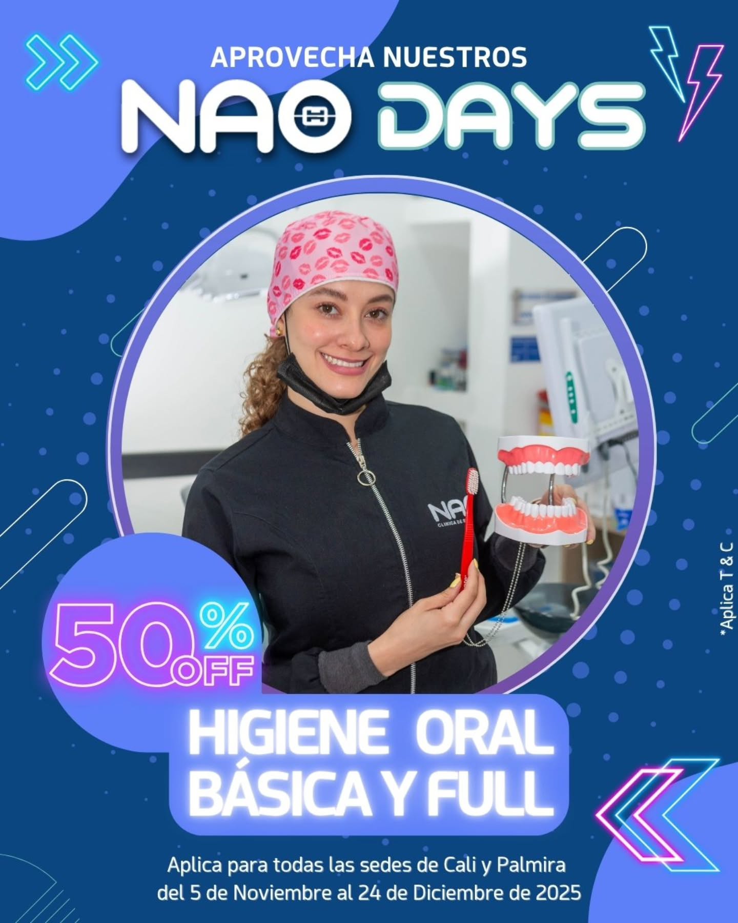 💥 ¡La promo que estabas esperando!
En los NAO DAYS recibe 50% OFF en tu higiene oral básica o full.
✨ Dientes limpios, aliento fresco y sonrisa perfecta para cerrar el año.
📍Válido en todas las sedes de Cali y Palmira hasta el 24 de diciembre.
Agenda tu cita YA!