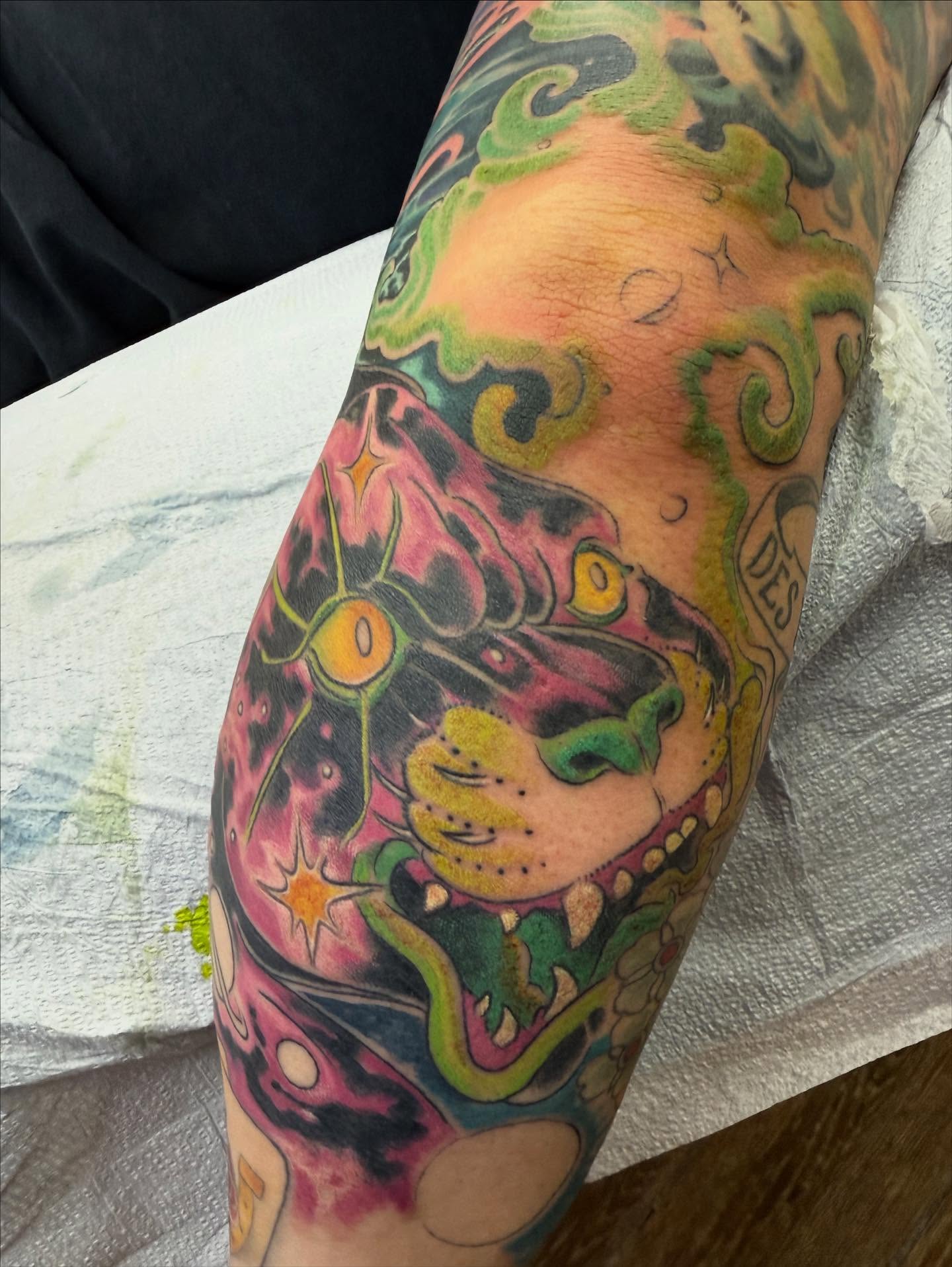 The pink “space pantha”…. In Progress… Custom made to fit and join together several existing tattoos…. Super excited about this one and can’t wait to get back to work on it… Always Good Times!!!…