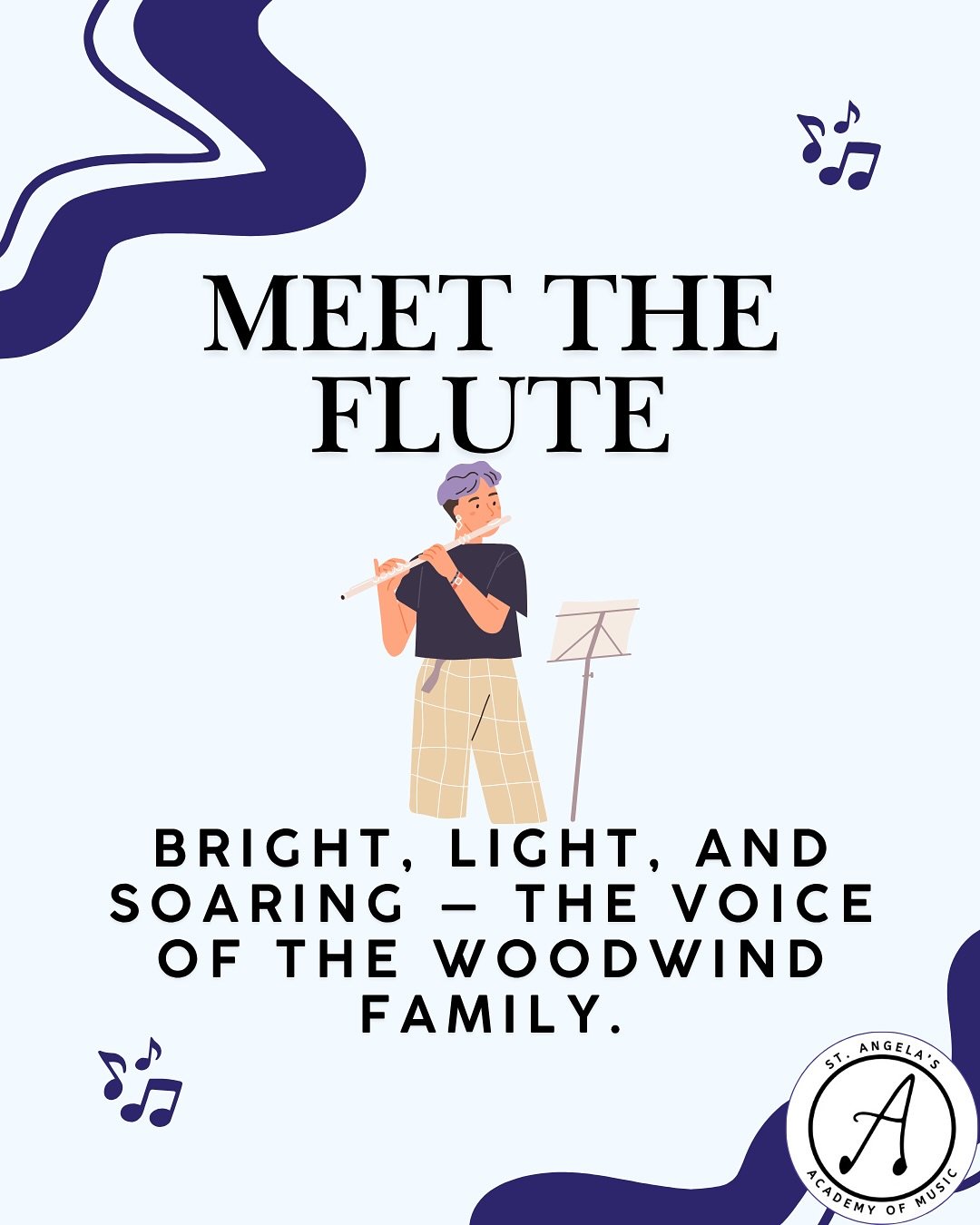 Meet the flute 🪈
The flutes shimmering tone brings light and brilliance to the orchestra 🎶
Lessons available at St. Angela’s Academy. Sign up now via our website