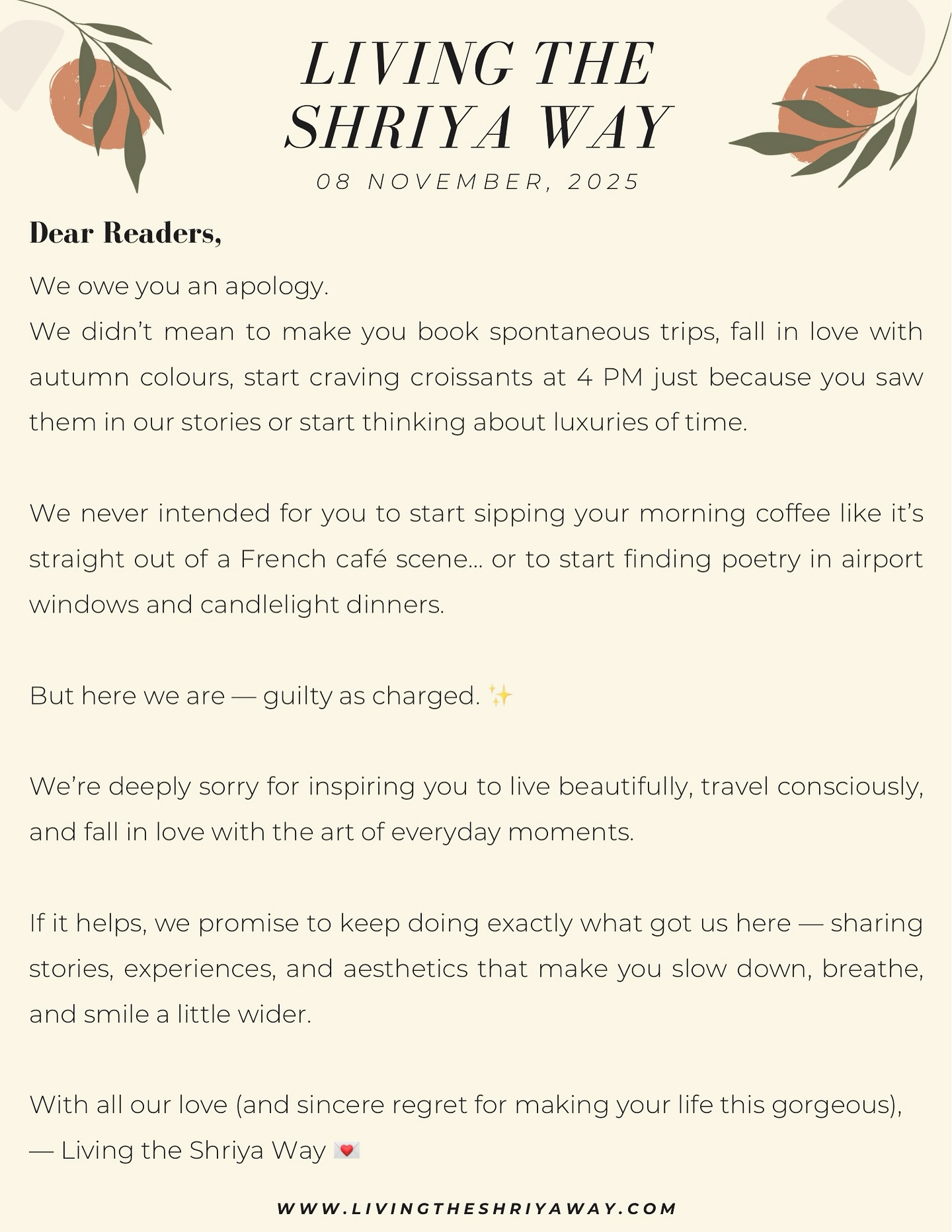 An official apology from us to you — for making life look a little too dreamy. ✨
#LivingTheShriyaWay #RomanticizeYourReality #ApologyMarketingTrend #LifestyleBlogger #TravelwithShriya