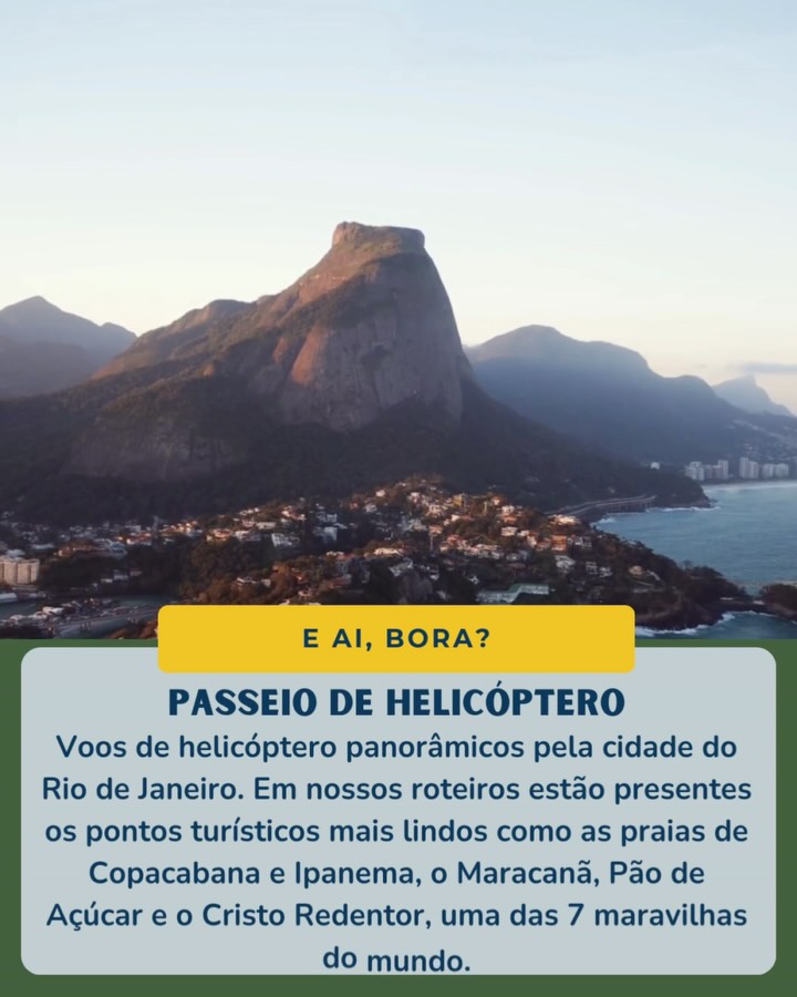 Voar de helicóptero sobre o Rio de Janeiro é viver o sonho de ver uma das cidades mais bonitas do mundo de um ângulo privilegiado. Do alto, o visual é simplesmente inesquecível: o Cristo Redentor de braços abertos, o Pão de Açúcar, as praias de Copacabana e Ipanema, a Lagoa Rodrigo de Freitas e a imensidão verde do Parque Nacional da Tijuca.
É uma experiência que combina emoção, beleza e uma sensação única de liberdade. Ideal para casais, famílias ou quem busca um momento especial para guardar na memória.
Com a Rodrigo Índio Tours, você tem todo o suporte para viver essa experiência com segurança, conforto e a tranquilidade de quem conhece o Rio como ninguém. Nós cuidamos de cada detalhe para que o seu voo seja perfeito, do agendamento à decolagem.
Viva essa experiência inesquecível e veja o Rio de Janeiro de um jeito que poucas pessoas têm a chance de ver.
Reserve seu passeio de helicóptero com a Rodrigo Índio Tours e sinta o que é voar sobre o paraíso.
#passeiodehelicoptero #riodejaneiro #helicoptero #helicopter #helicoptertour #brazil #viajar #rodrigoindiotours